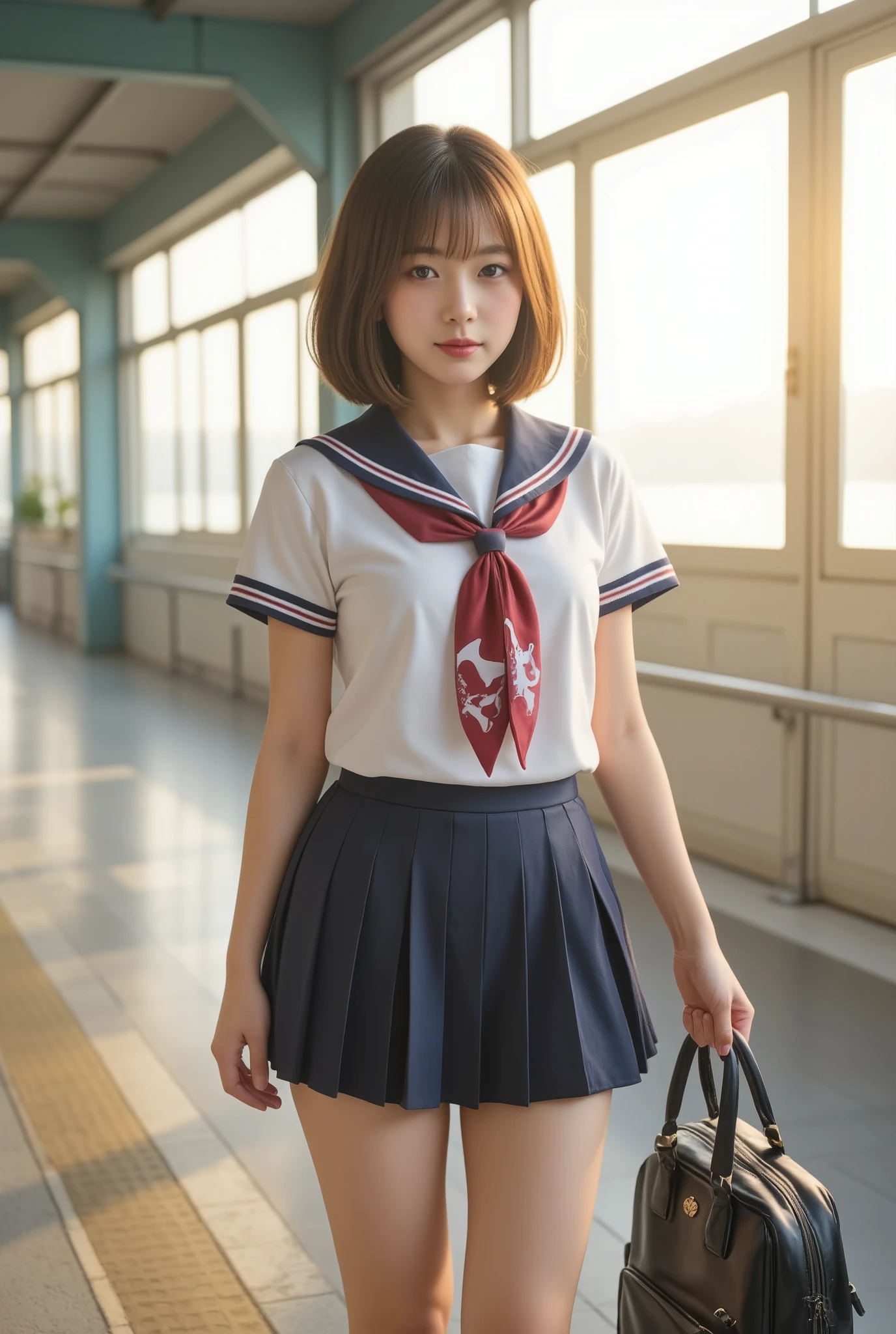 Photorealistic,Raw photo, 8K, A serene morning in Japan, capturing the essence of a typical school day. A beautiful Japanese high school girl, dressed in a neatly pressed uniform with a pleated navy-blue skirt and a crisp white blouse, ascends the station’s sunlit staircase. Her school bag, adorned with a small charm, sways gently as she climbs. The early morning light filters through the glass panels, casting soft golden hues on the scene. Around her, the bustling yet orderly atmosphere of the station unfolds: the rhythmic sound of footsteps, the faint announcements of arriving trains, and the chatter of commuters. Her expression is one of quiet determination, reflecting the start of another day filled with learning, friendships, and dreams.
Cow pattern pastel school uniform,
in water side,