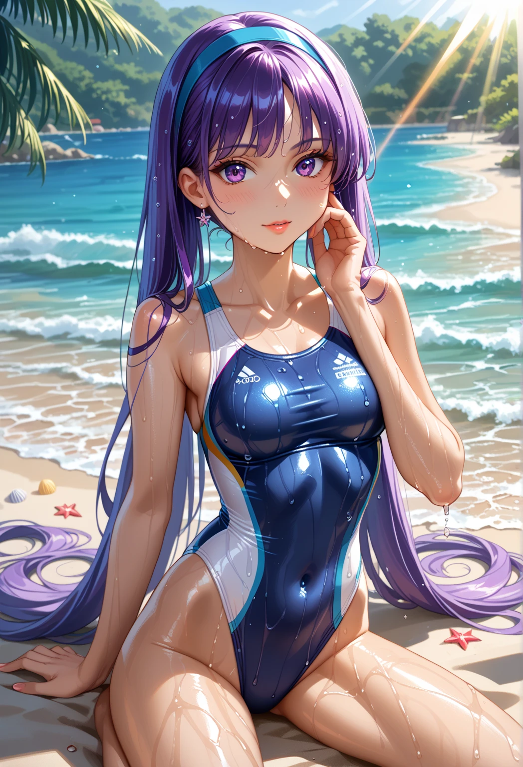  masterpiece,  best quality, ultra-detallado,(((18 years old))),  purple eyes,  purple hair , long hair,,  twintail , blue headband,big tit, (( competition swimsuit white , tight,  shiny and shiny :1.2, neckline pronunciado,  sinking the navel , neckline)), (( extremely delicate and beautiful fabric):1.3),   looking at the spectator, ([in heat), blush, slender, delgado, very light,(( an extremely delicate and beautiful)), (((( illustration)))), ( extremely detailed skin ), ((ultra-detallado:1.35)),  detailed fingers , absurdres, intricate, (1 girl), ((Alone)), (( shiny leather)), (((oily skin))), ((wet skin)),((( pretty face))), open legs,( Dazzling sunlight :1.5)、(cg game:1.5)、( on the beach:1.5)、 Not suitable for work 、(hand on own cheek )