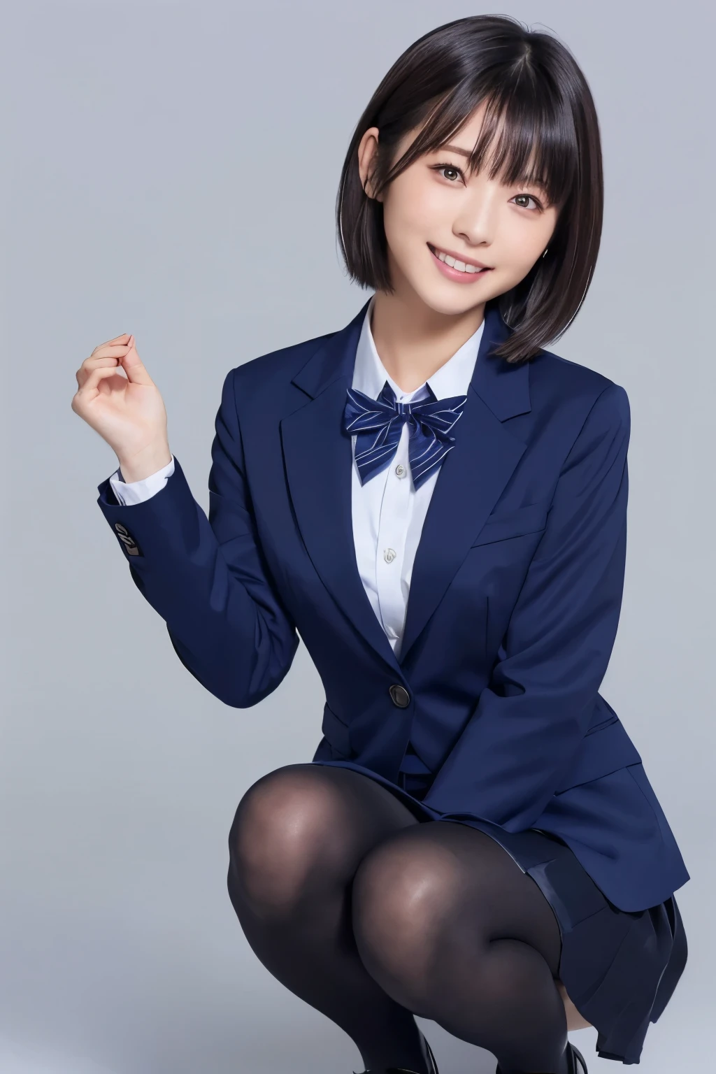highest image quality taken by Ki、HDR、 navy blue blazer、((Long tight skirt that hides the knee in plain navy blue ))、White blouse、((navy blue plain large bow tie))、((( Black Pantyhose )))、(( black loafers))、((A picture of a standing figure showing up to the knee))、 cute high school girl 、Height: 160cm、 smile like an idol、 smiling and smiling、 professional writing、((Plain background))、(( highest image quality taken by Ki)),((Beautiful double eyelids ))、( long lashes)、((( The blazer and skirt are the same dark blue and the material is the same)))、(( dark brown shiny hair ))、((Model Face Change ))、(( Ribbon Design Change))、((No handkerchief))、 very short hair、G-Cup、(( best smile ))、As cute as a popular idol、((The jacket and skirt are the same color))、((Minamihamabe))、(( Frontal Angle))