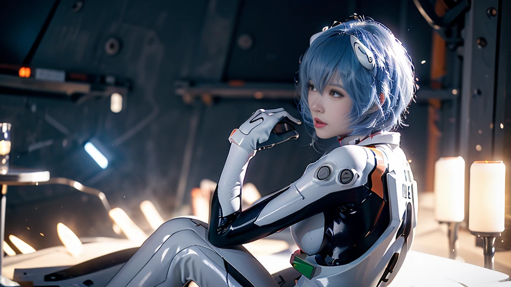 (8k, RAW photo, highest quality, refined details, masterpiece: 1.2), (high-resolution 8K wallpaper), sharp focus, professional lighting, depth of field, cinematic lighting, blurred background, Evangelion Rei Ayanami, a Japanese woman with blue hair, red eyes, wearing a white plug suit. She stands out with a cool appearance, futuristic background, and realistic style. Quiet, sci-fi atmosphere, full-body, dynamic 16:9 aspect ratio, perfect composition, cinematic framing, detailed plug suit, glowing accents, smooth transitions between focus and background.