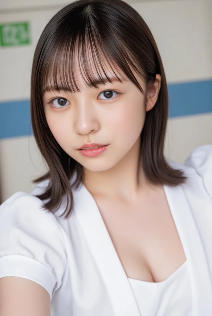 (((top-down configuration:1.4))), (best quality:1.4), (ultra highres:1.2), (photorealistic:1.4), (16k, RAW photo:1.2), (portrait shot:1.3), professional lighting, Japanese goddess, gravure, detailed face and skin texture, detailed eyes, looking at camera, nsfw, beautiful eyes, detailed eyes, beautiful face, detailed face, ((smile:1.3)), (highest quality), glowing skin, (smooth lighting:1.2), (cinema lighting:1.2), (above the knee shot), (brown medium hair), (bangs:1.4), (large breasts:1.3), ((traditional sailor uniform from a prestigious high school in Japan:1.5)), (white uniform:1.3), (short sleeve sailor suit), the jacket is a uniform, ((open chest uniform:1.5)), ((cleavage cutout:1.4)), ((emphasize cleavage:1.4)), ((beautiful cleavage:1.6)), (navel), slim body, slim stomach, ((underneath are panties:1.4)), ((black thong shorts:1.4)), in the classroom, (dynamic pose), (slightly low angle), stand, arms behind back