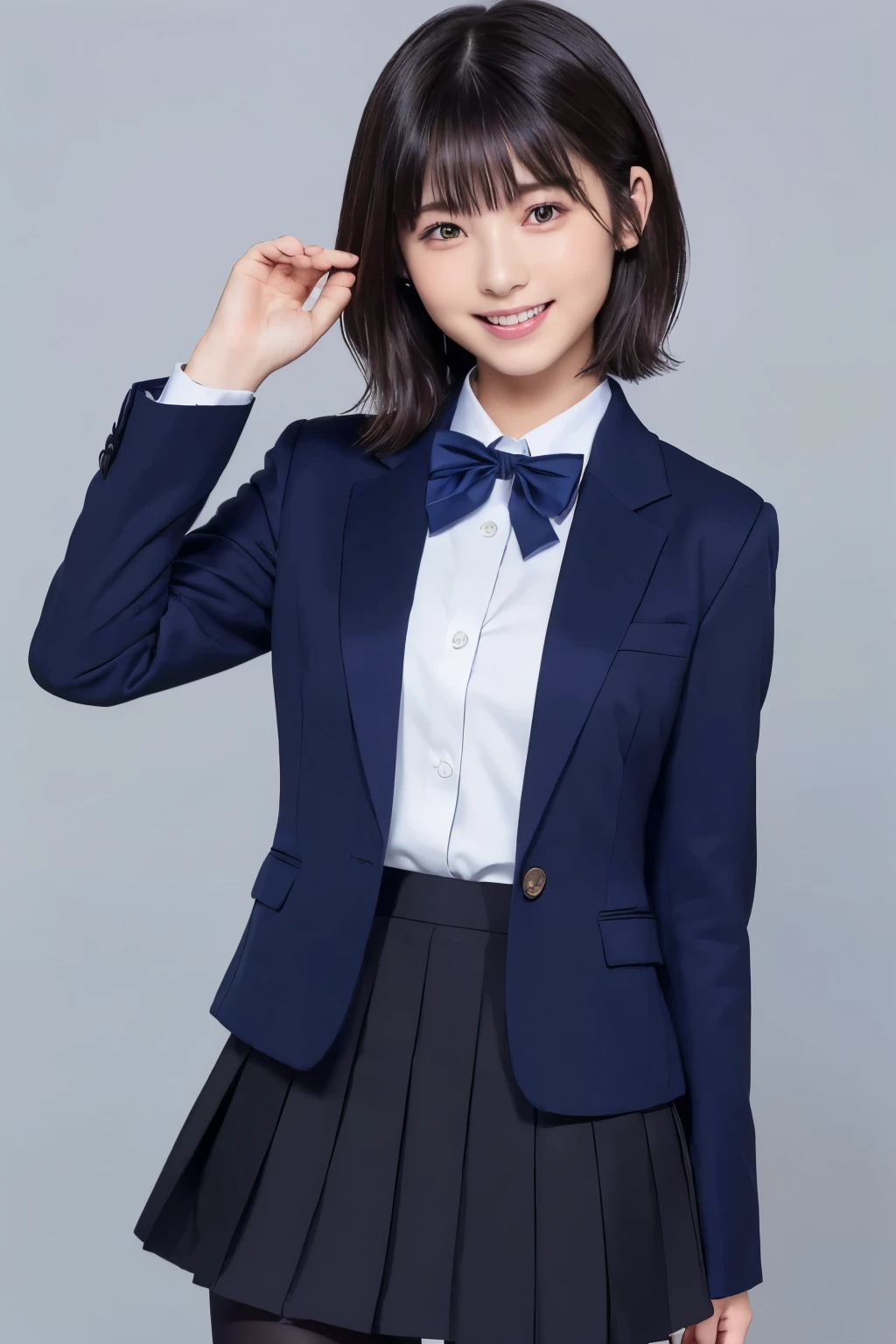 highest image quality taken by Ki、HDR、 navy blue blazer、((Long tight skirt that hides the knee in plain navy blue ))、White blouse、((navy blue plain large bow tie))、((( Black Pantyhose )))、(( black loafers))、((A picture of a standing figure showing up to the knee))、 cute high school girl 、Height: 160cm、 smile like an idol、 smiling and smiling、 professional writing、((Plain background))、(( highest image quality taken by Ki)),((Beautiful double eyelids ))、( long lashes)、((( The blazer and skirt are the same dark blue color and the material is the same)))、(( dark brown shiny hair ))、((Model Face Change ))、(( Ribbon Design Change))、((No handkerchief))、 very short hair、G-Cup、(( best smile ))、As cute as a popular idol、((The jacket and skirt are the same color))、((Minamihamabe))、(( Frontal Angle))