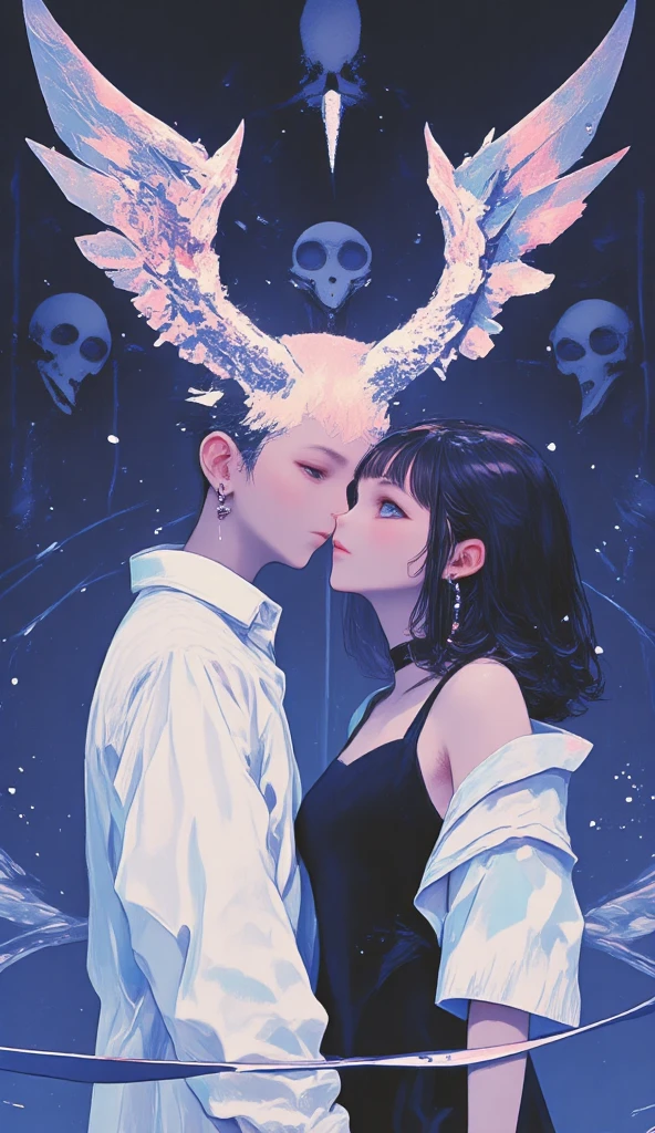 ( a heterosexual couple : 1.5, Dark style,  big eyes, small parts, fluffy black hair), (Dark Gothic ,  Victorian steampunk Gothic style ), Dark,  Dark stage with 32k skull decorations, cuento de hadas: 1.4, Short camera : 1.4, (( dreamlike atmosphere , soft light and magic:1.3)), ((Imaginative scene)),((perfect,  meticulously detailed.:1.3)), ((plano general: 1.4)), (( best quality)) , (( masterpiece)), 3D, ( hyper Detailed: 1.3), (( Epic landscapes : 1.3)), ((Night background: 1.3 ))), (((the night:1.2))), (photorealistic : 1,4), ((Front camera)),( ( Low-light night cinema lighting : 1,2)). 32k.