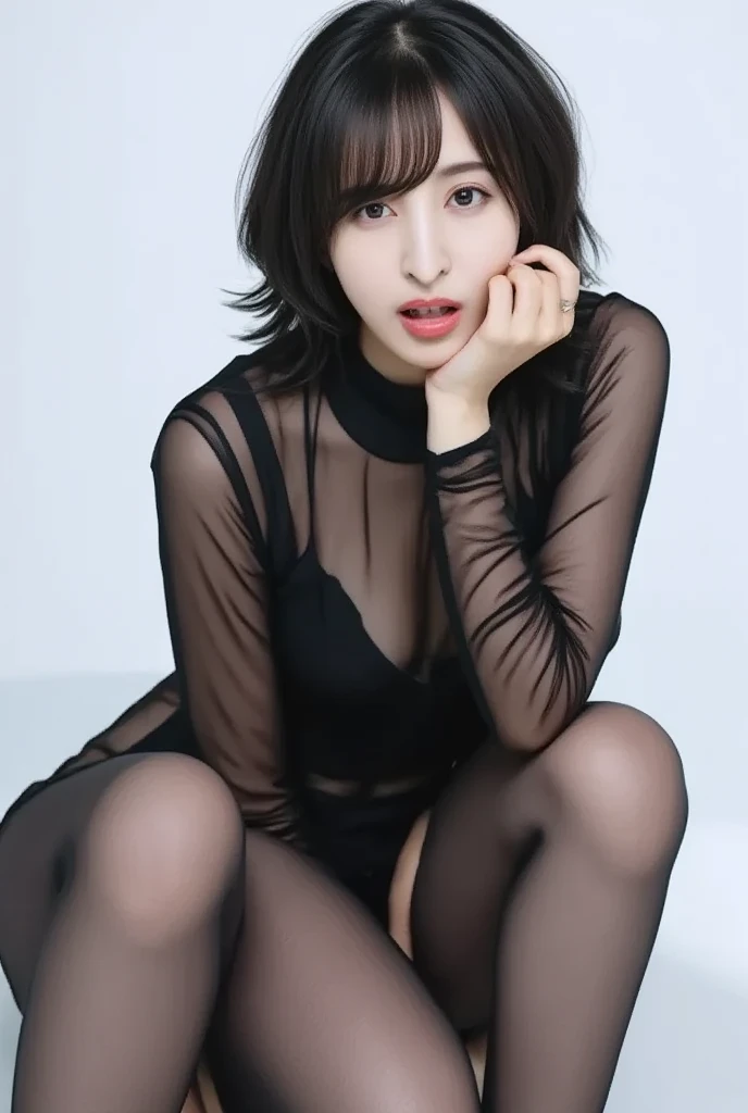 8k, RAW Photo, Best Quality, Masterpiece:1.2),(Realistic, photo-realistic:1.37), Super Detail, Wearing black pantyhose,She is wearing tight thin fitting transparent black long sleeve turtleneck, no skirts, transparent, cinematic lighting, sexy pose, monotone background, facing front, portrait, dressed up to the belly button, dressed up to the neck,black pantyhose,no pants,only pantyhose,no underwear, , (crawling position on their hands and knees,Showcasing cleavage,Emphasize the cleavag, ((Open your mouth:1.6)), ( stick out your tongue:1.8),
