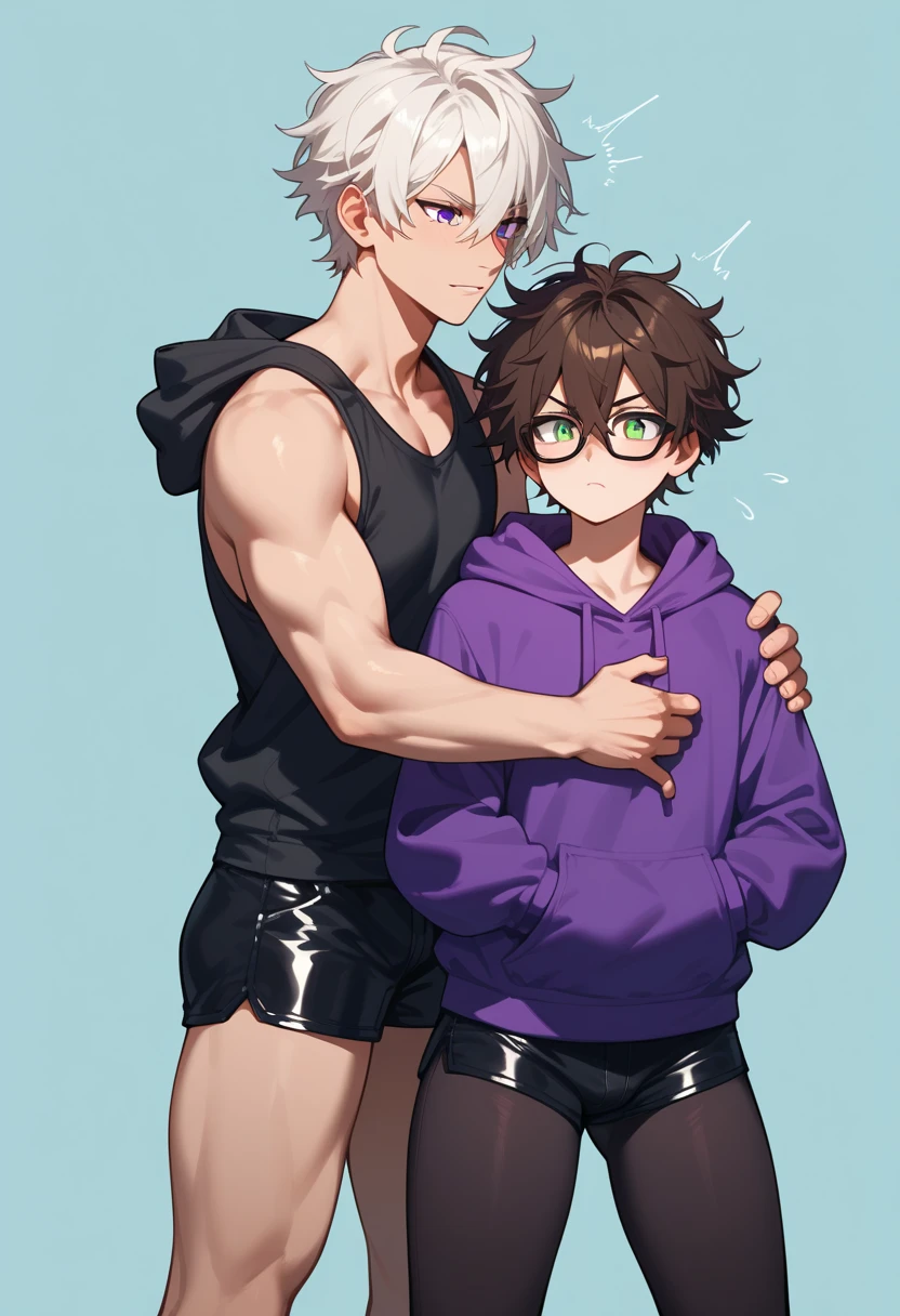 (duo focus), 2men, arguing, [male, femboy, mature: 1.5, short messy hair, dark brown hair, green eyes, black frame glasses, purple hoodie, short black shorts, rainbow knee high socks], BREAK, [male, fit build, tall, handsome, short messy hair, hair between eyes, white hair, purple eyes, shivering, black tank-top, leather pants, no glasses, no hoodie]