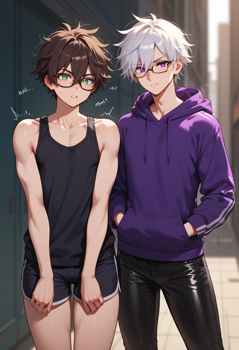 (duo focus), 2men, arguing, [male, femboy, mature: 1.5, short messy hair, dark brown hair, green eyes, black frame glasses, purple hoodie, short black shorts, rainbow knee high socks], BREAK, [male, fit build, tall, handsome, short messy hair, hair between eyes, white hair, purple eyes, shivering, black tank-top, leather pants, no glasses, no hoodie]