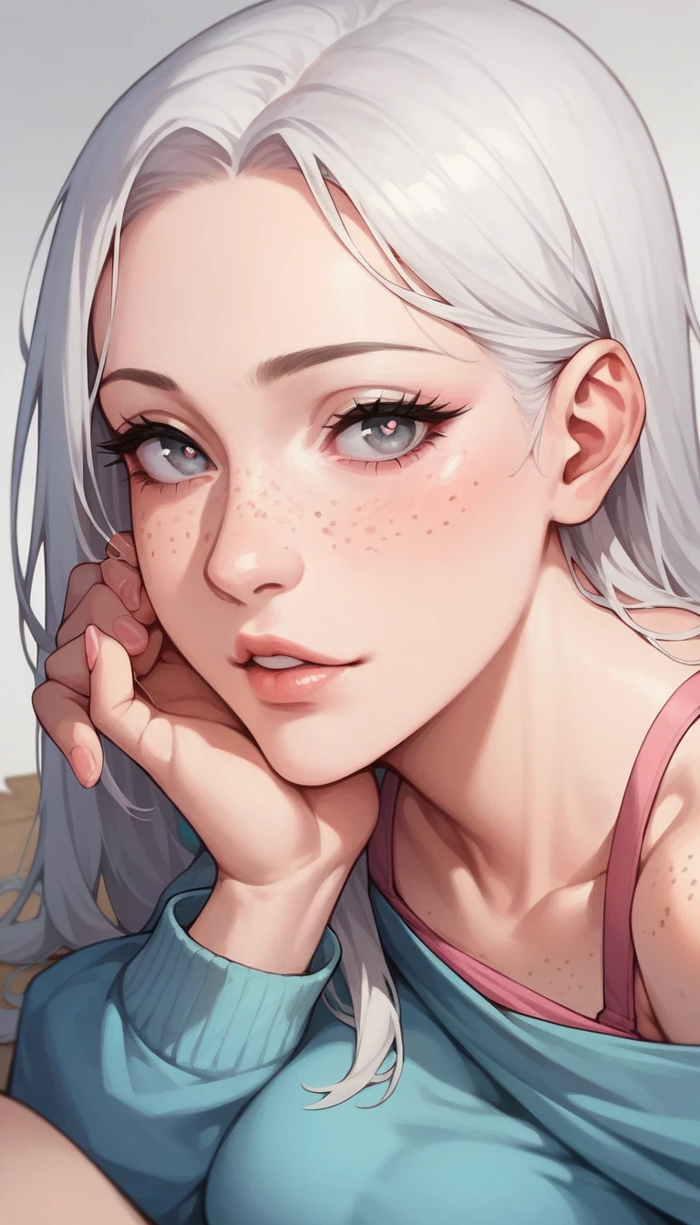 One anime girl, Korean girl 24 years old with long white hair Smooth long, medium gray eyes Pupil with long eyelashes, freckles on the cheeks and nose, light skin, With a pink strap, crawling on the floor