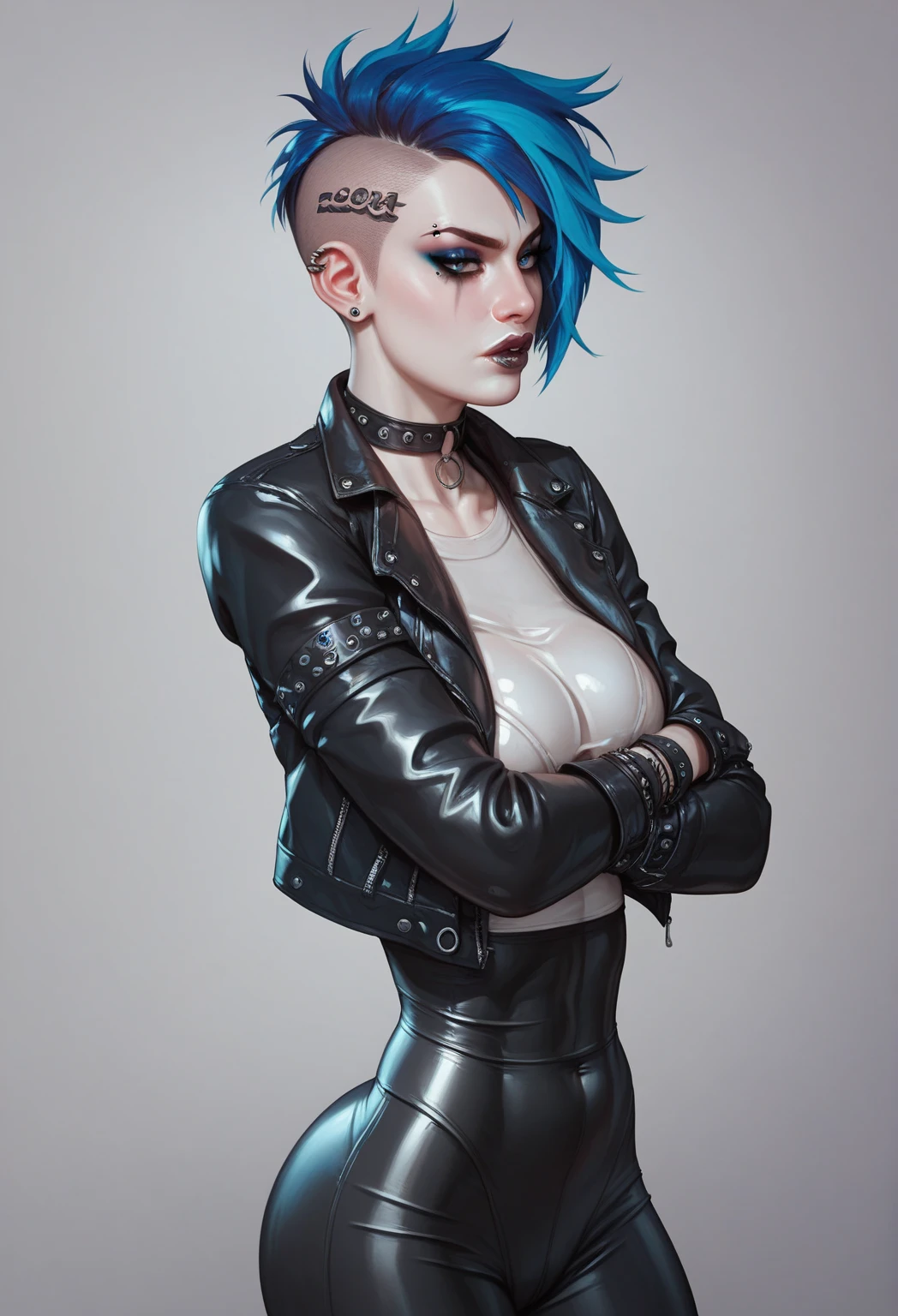 Beautiful 25 year old girl, White skin Short punk style hair with blue highlights,Gothic makeup,Wearing a black leather jacket, tight latex pants, arms crossed   