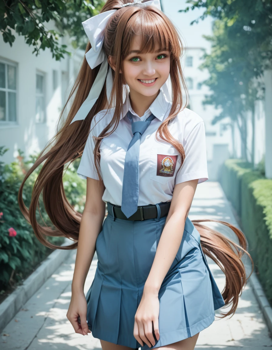 , masterpiece, best quality, realistic, highly detailed, cowboy shot, 1girl, solo, Asian girl, green eyes, brown hair, very long hair, ponytail, hair ribbon, white ribbon, blazer, brown sweater, collared shirt, neck ribbon, blue skirt, black pantyhose, standing, looking at viewer, smile, happy, indoor, classroom