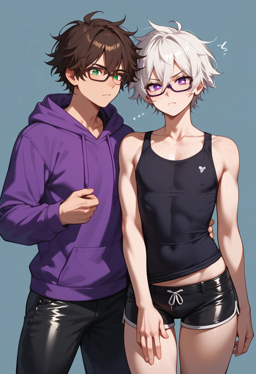 (duo focus), 2men, arguing, [male, femboy, mature: 1.5, short messy hair, dark brown hair, green eyes, black frame glasses, purple hoodie, short black shorts, rainbow knee high socks], BREAK, [male, fit build, tall, handsome, short messy hair, hair between eyes, white hair, purple eyes, shivering, black tank-top, leather pants, no glasses, no hoodie]