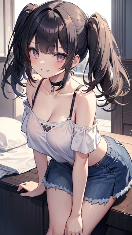 realistic image, coherent image, detailed image, 1 beautiful girl. She has brown hair, with two pigtails and a fox mask in her hair. Pink eyes, long eyelashes. Her face is oval and delicate. Smiling. She is wearing a lace bra, jean shorts. She has a curvy body, medium breasts, thin waist, thick thighs. she pose sexy. White background. uniform background. natural lighting in front, volumetric lighting