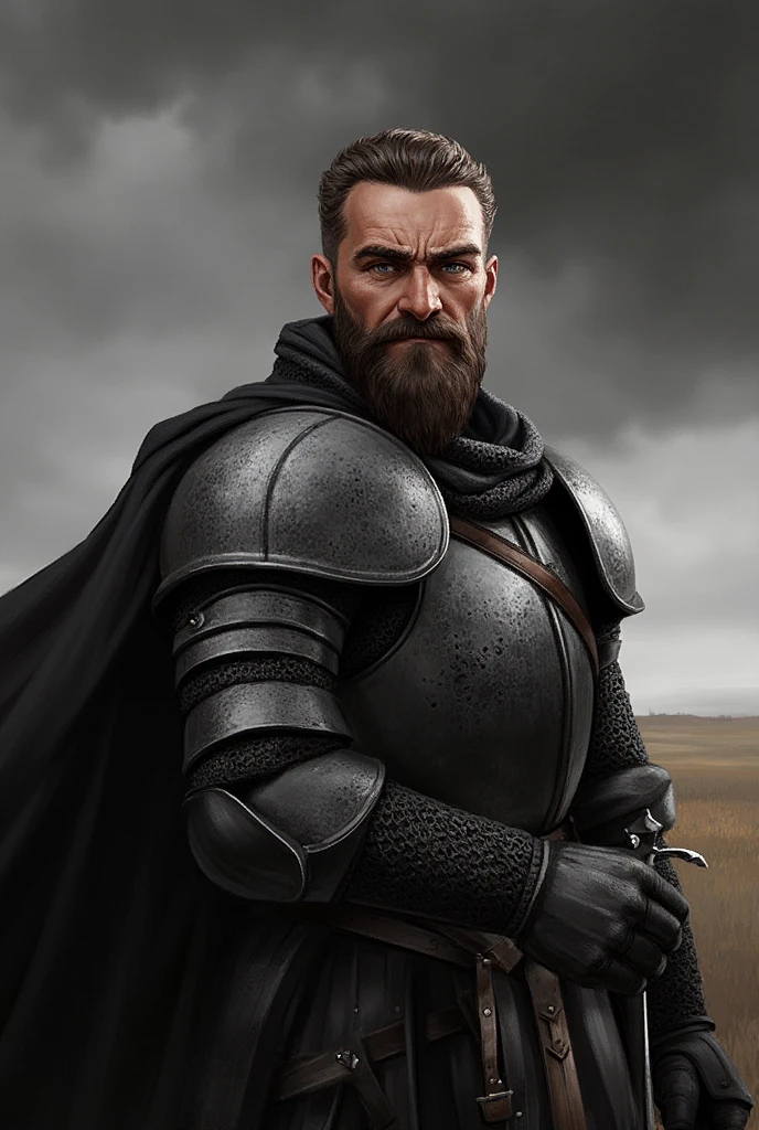  Middle aged man , knight,  Eyes looking at the camera ,  perfect male body , Epic character, (Rough, tall and loud, muscular, cabello negro,  black eyes,  frown ,  armor , Being on a Battlefield),dramatic shadow,  medieval,  armor , three-day beard , Longsword,( masterpiece,  High resolution,  perfect eyes, ultra - detailed:1.0)