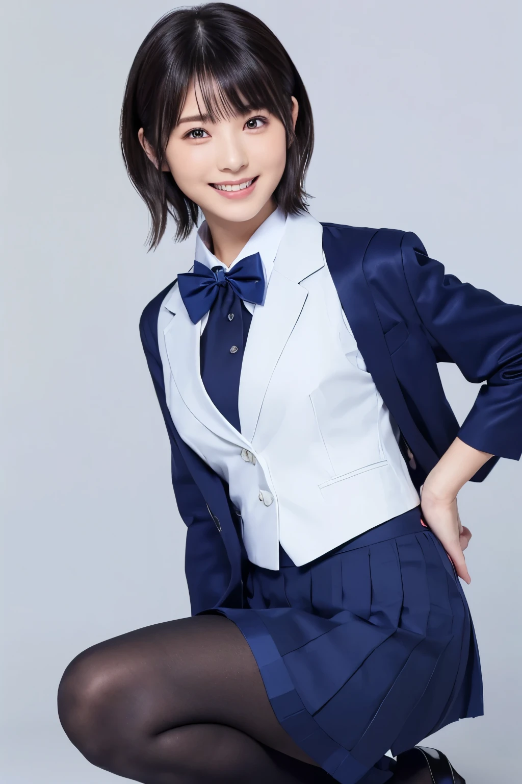 highest image quality taken by Ki、HDR、Navy blue vest、((Long tight skirt that hides the knee in plain navy blue ))、White blouse、((navy blue plain large bow tie))、((( Black Pantyhose )))、(( black loafers))、((A picture of a standing figure up to the knee))、 cute high school girl 、Height: 160cm、 smile like an idol、 smiling and smiling、 professional writing、((Plain background))、(( highest image quality taken by Ki)),((Beautiful double eyelids ))、( long lashes)、((( The blazer and skirt are the same dark blue color and the material is the same)))、(( dark brown shiny hair ))、((Model Face Change ))、(( Ribbon Design Change))、((No handkerchief))、 very short hair、G-Cup、(( best smile ))、As cute as a popular idol、((The jacket and skirt are the same color))、((Minamihamabe))、(( Frontal Angle))