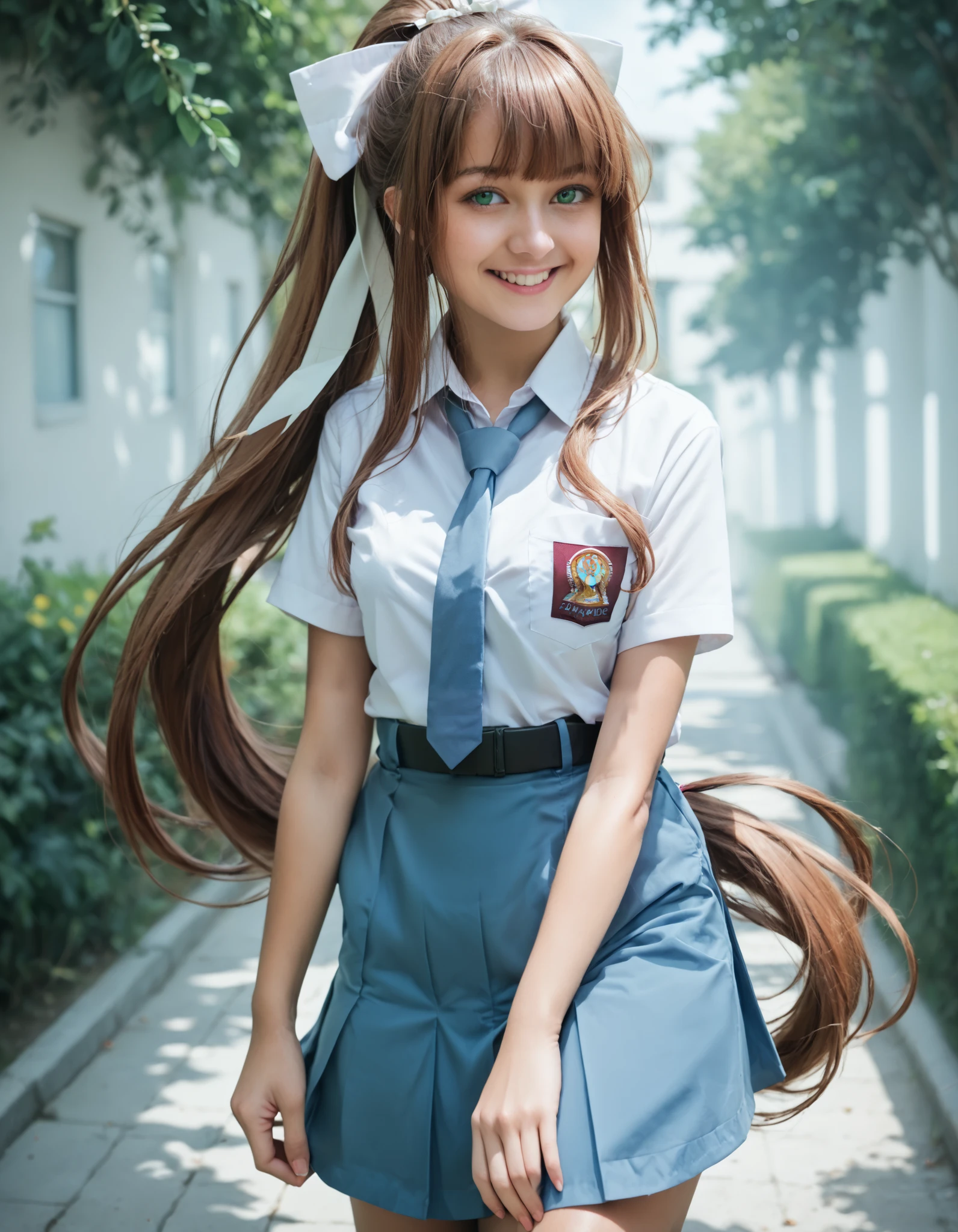 Masterpiece, hd, realistic, best quality, monika, green eyes, brown hair, very long hair, ponytail, hair ribbon, white ribbon, Indonesia high school uniform, wearing white collared shirt, short sleeves, light blue skirt, pleated skirt, light blue neck tie, pocket, school logo on pocket, wearing black belt, outdoor, smile, standing, cowboy shot