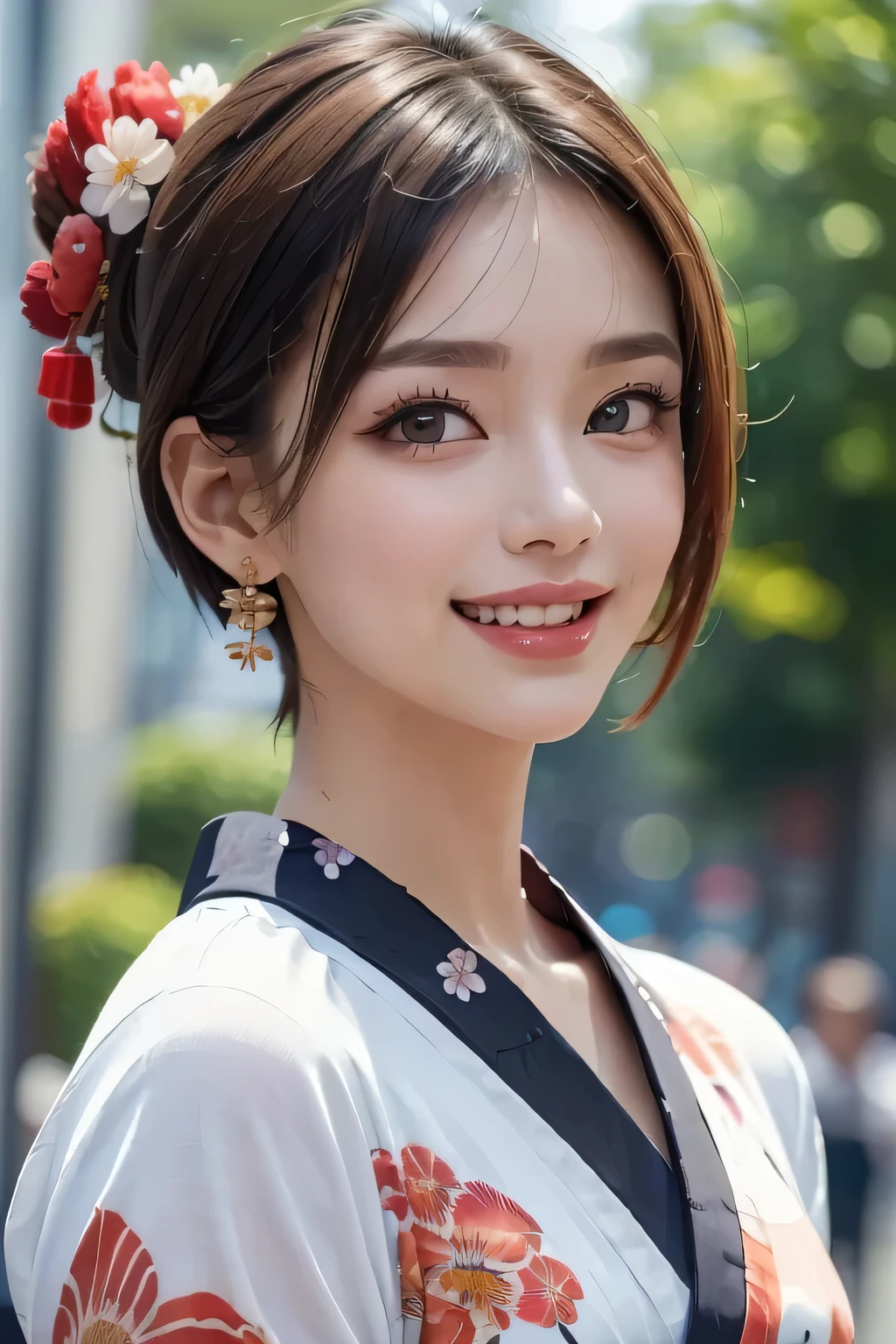 1girl, extremely cute face, Amazing face and eyes, (highly detailed eyes, highly detailed face), (floral pattern kimono:1.2), (kimono with open front), (bare shoulders), upper body, caute smile, (best quality:1.4), (Ultra realistic, high res), Raw photo, (realistic, photo-realistic:1.37), professional photography, cinematic light, castle, cherry blossoms,