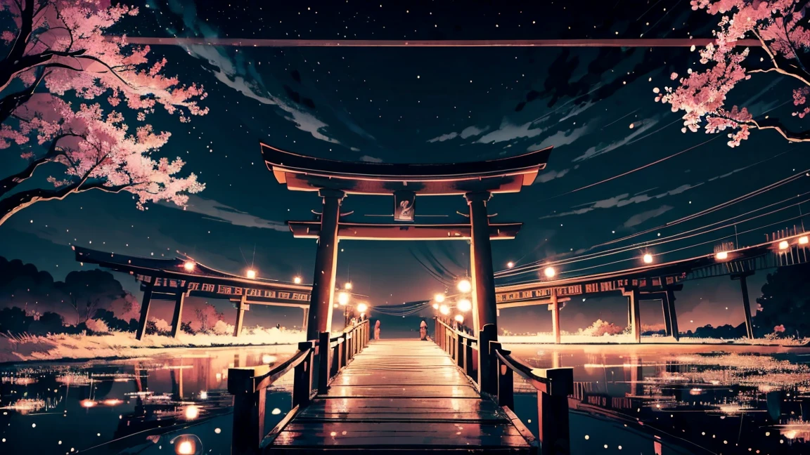 Draw anime lofi high resolution scene 16mm view of torii surrounded by fireflies on a bridge on a lake, sakura trees, full moon night, reflection, starry cloudy wide open sky, ambient dim, lanterns hanging on bridge, light, vibrant colors, peaceful, natural color tones, cloudy sky, beautiful color palette, vibrant saturated colors, masterpiece, no human