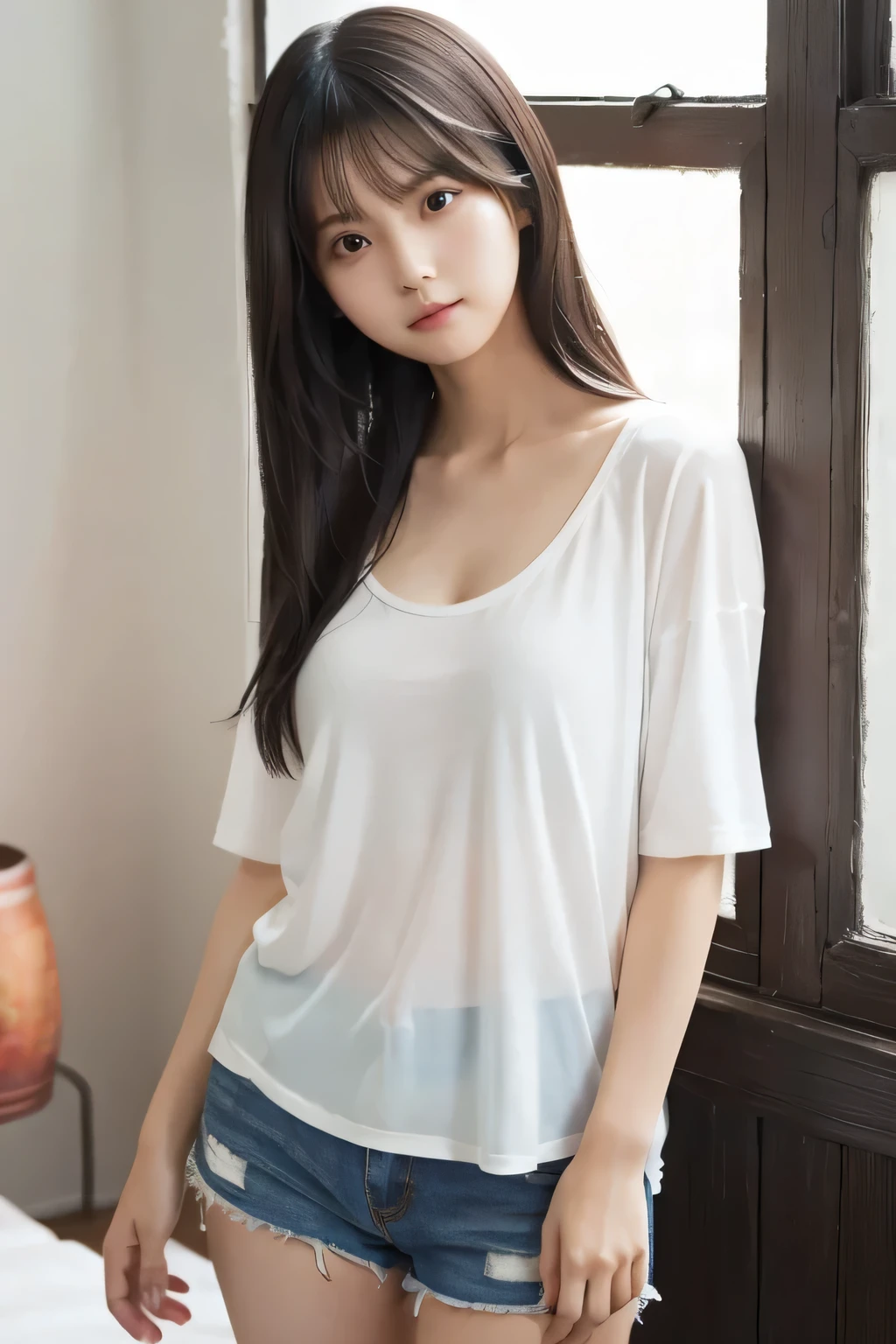 girl, busty, Bedroom, sunrise shining through a window, black hair, straight hair, with bangs, white tank top,Disheveled clothes, Highest Masterpieces, professional lighting, no makeup