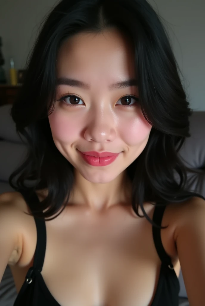 highest quality,masterpiece,Ultra-high resolution,(Realistic:1.4),Beautiful lighting, (Highly detailed CG Unity 8k wallpaper), Beautiful face in every detail,Detailed clothing, 50mm portrait photography, One Girl,Big black eyes, cute, young, Pause, Facial Lighting, Physically Based Rendering,Written boundary depth , Black Hair,,(Serious face), ((Take from above)), (Open your mouth wide and stick out your tongue),Japanese women、20-year-old、camisole、(Big Breasts),Young and beautiful woman taking a selfie, Taken with iPhone camera