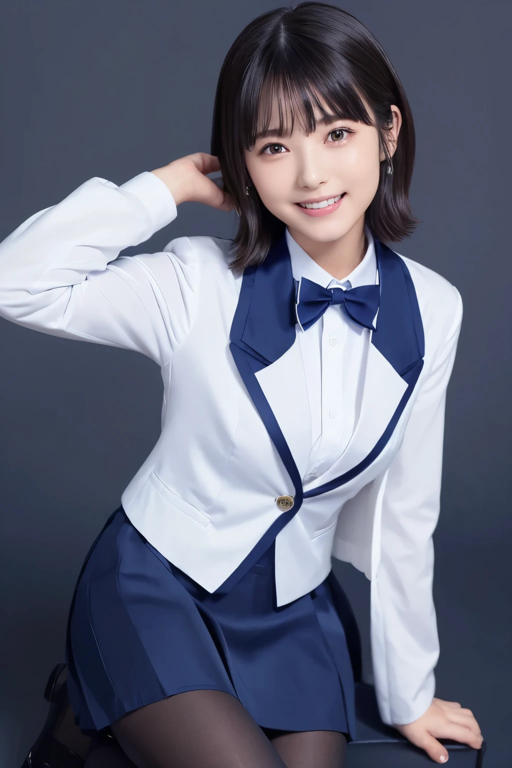 highest image quality taken by Ki、HDR、Navy blue vest、((Long tight skirt that hides the knee in plain navy blue ))、White blouse、((navy blue plain large bow tie))、((( Black Pantyhose )))、(( black loafers))、((A picture of a standing figure up to the knee))、 cute high school girl 、Height: 160cm、 smile like an idol、 smiling and smiling、 professional writing、((Plain background))、(( highest image quality taken by Ki)),((Beautiful double eyelids ))、( long lashes)、((( The blazer and skirt are the same dark blue color and the material is the same)))、(( dark brown shiny hair ))、((Model Face Change ))、(( Ribbon Design Change))、((No handkerchief))、 very short hair、G-Cup、(( best smile ))、As cute as a popular idol、((The jacket and skirt are the same color))、((Minamihamabe))、(( Frontal Angle))