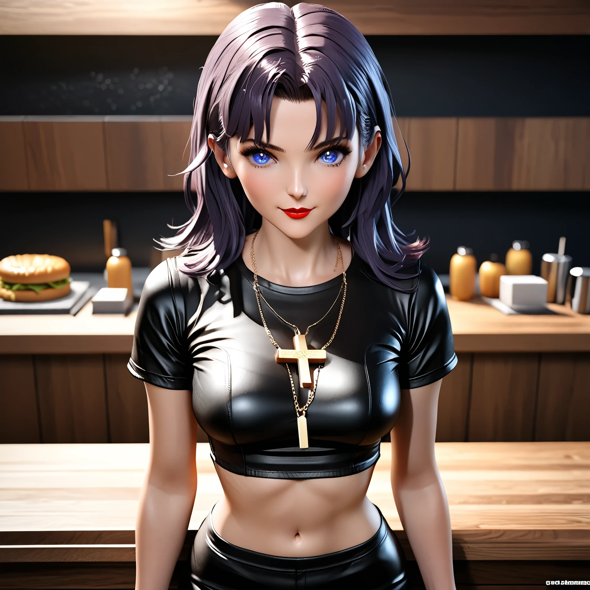 8k,masterpiece, CGSTATION, hyper CGI style, arte extremadamente detallado de artgerm, photorealistic chica anime render, A 4k anime drawing style, 8k, masterpiece, best quality, 3D rendering, INTRICATE, 8k, 3D TOON, hyper detailed, blue eyes, dark purple hair, hair long, MISATO KATSURAGI, medium bust, shiny skin, 27 years old, a woman, navel, sensual smile, red lips, super detailed skin, super beautiful eyes, cross necklace, the setting is super detailed in CGI quality, Her clothes are tight, short skirt, blouse tight. eyes closed, standing next to a restaurant counter,