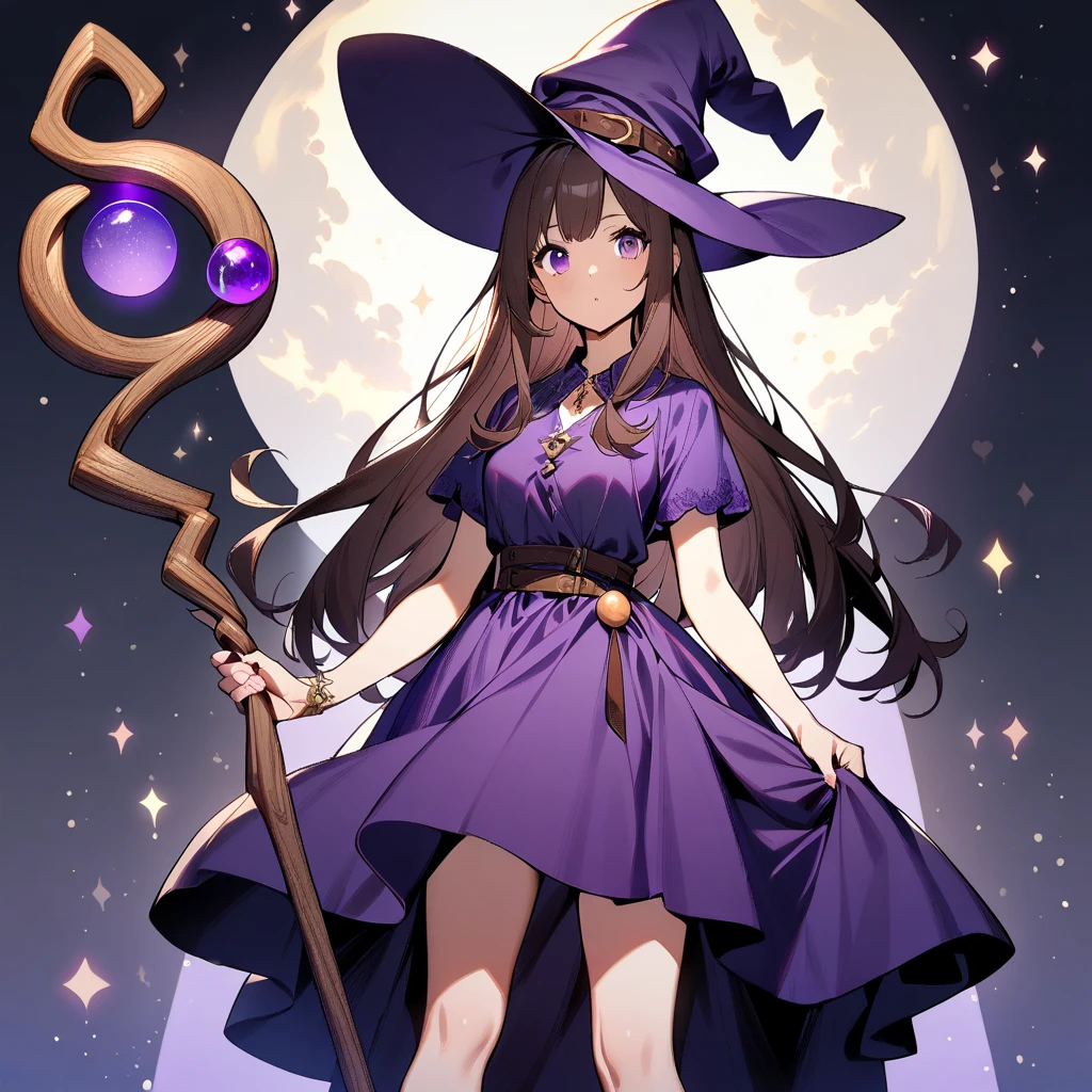  1 girl,  shot by a cowboy ,  is standing,  long hair, Brown Hair,  purple eyes,  witch hat, Purple Dress, Short sleeve, holding staff, Orb Staff 