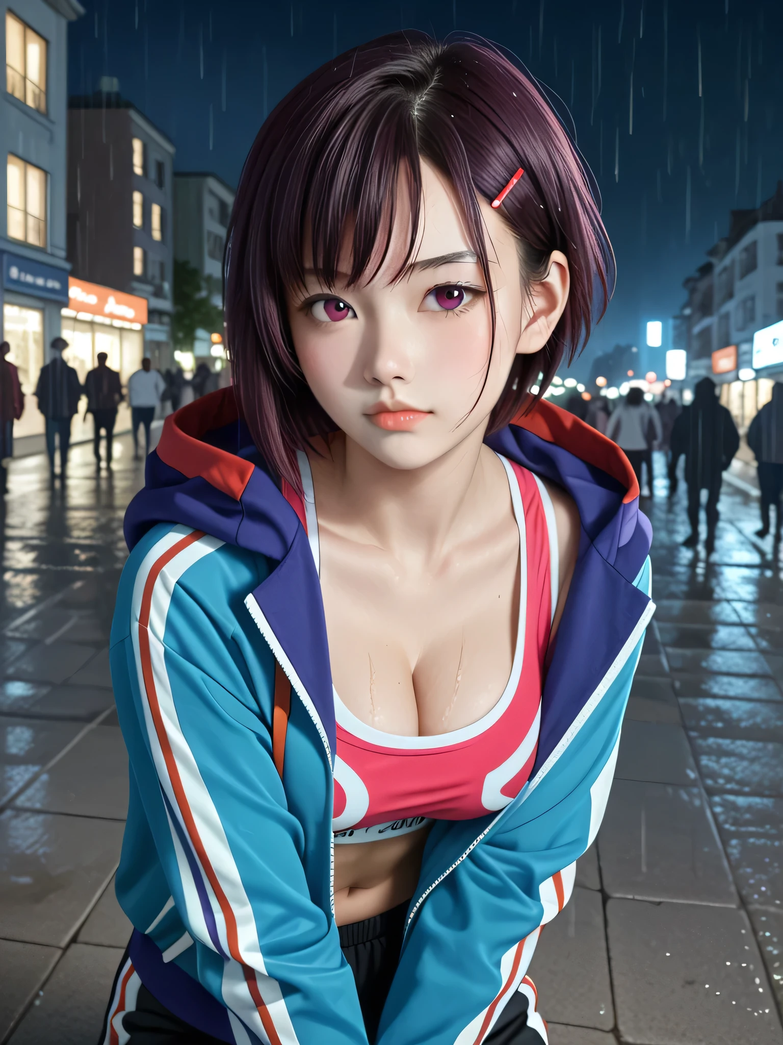 score_9, score_8_up, score_7_up, source_photo,
realistic,photo, dramatic shadows, dynamic angle, (sports bra:1.3), shizukamikazuki, shizuka mikazuki, short hair, dark purple hair, hair ornament, hairclip, pink eyes, swept bangs, navel, cleavage, jacket, open clothes, midriff, hood, open jacket, blue jacket, hooded jacket, sports bra, hood down, outdoors, cityscape, ((((zombies)))), crowd, looking at viewer, cowboy shot, dutch angle, dynamic pose, Detailed face, big breasts, large breasts, love, caring, blush, appreciate, ((solo)), busty, ((1girl)), closed mouth, caring eyes, droopy eyes, glamorous, voluptuous, beautiful breasts, beautiful ass, cute face, dynamic angle, cute face, (((seductive pose))), (((sexy pose))), ((perfect fingers)), playfully scolding the viewer, (((night))), ((arms crossed with a pout)), leaning forward, hands on own knees, leaning forward, soaked, drenched, wet hair, wet face, dripping wet, (rain:1.6), (night:1.6), (zombies:1.6)