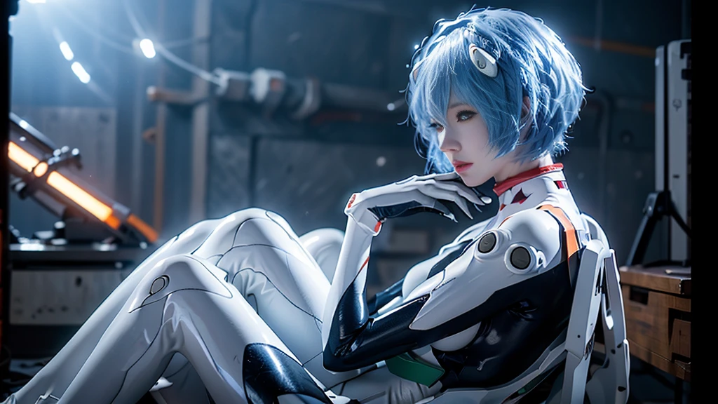 (8k, RAW photo, highest quality, refined details, masterpiece: 1.2), (high-resolution 8K wallpaper), sharp focus, professional lighting, depth of field, cinematic lighting, blurred background, Evangelion Rei Ayanami, a Japanese woman with blue hair, red eyes, wearing a white plug suit. She stands out with a cool appearance, futuristic background, and realistic style. Quiet, sci-fi atmosphere, full-body, dynamic 16:9 aspect ratio, perfect composition, cinematic framing, detailed plug suit, glowing accents, smooth transitions between focus and background.