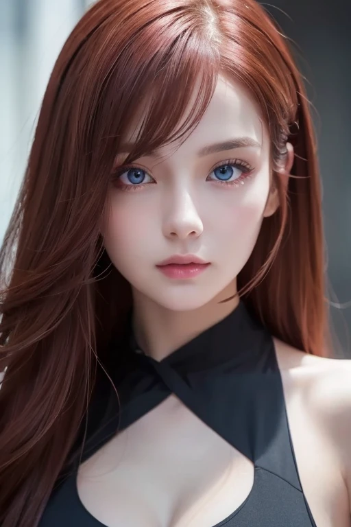  girl with long red hair,  heterochromic eye ,  blue-white skin,  flat chest,  is wearing a black dress and a crisp pink blouse,  A  girl of,   something that matches a mysterious and strong personality. whole,  her look will catch the eye ,  attract curiosity and an intriguing gaze ,  flat chested,  cinematic lighting,  Color Difference, backlit, masterpiece,   high detail ,  High Quality , 4K.