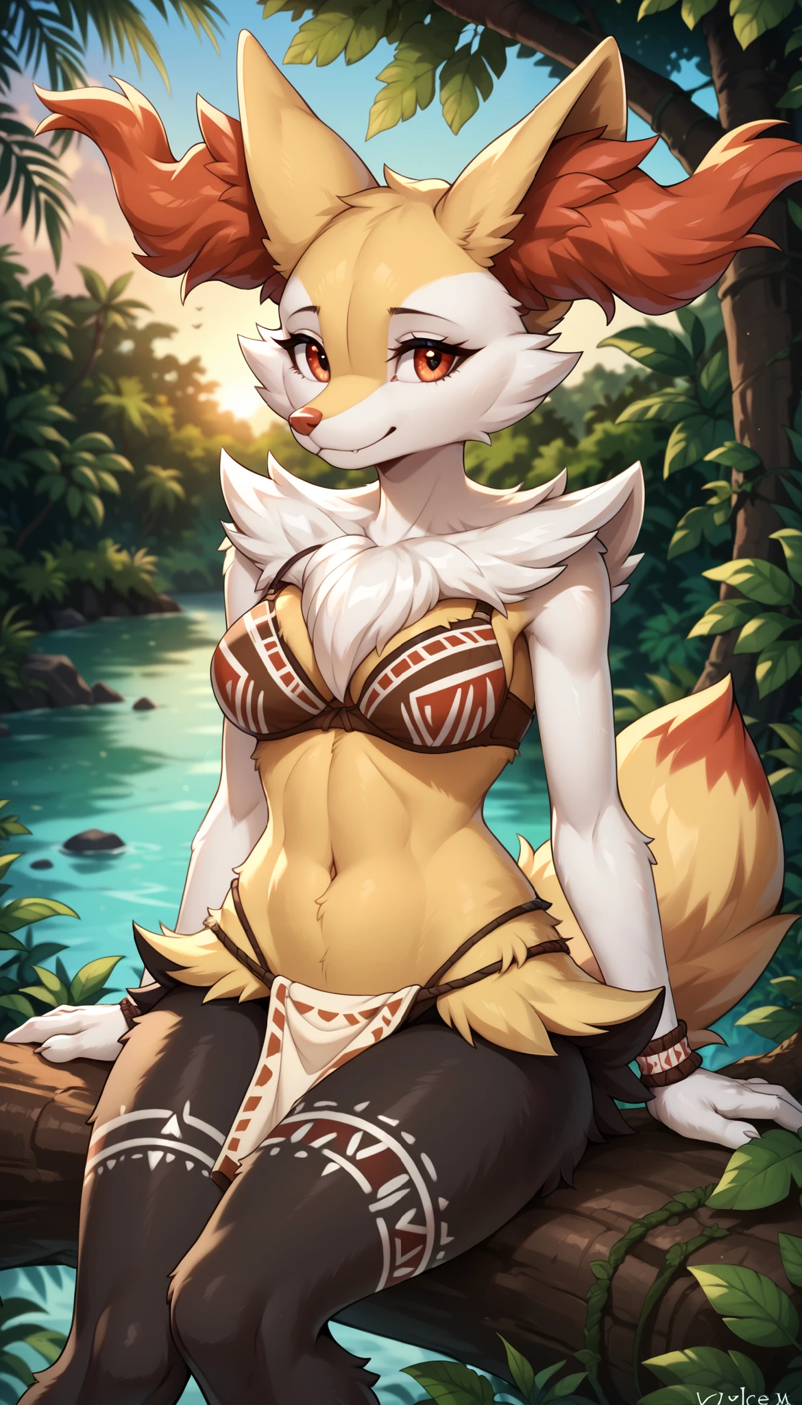 score_9, score_8_up, score_7_up, source_furry, (detailed eyes, beautiful eyes, black pupils, pupils)1.2, (beautiful, detailed background, very aesthetic, digital artwork, digital art, well shaded artwork, depth)1.2, 1girl, female, furry, anthro, braixen, fluffy, detailed fluffy fur, jungle setting, tribal loincloth, tribal bra, tribal wristband, tribal tattoos, sunset, sitting on a tree, ruins