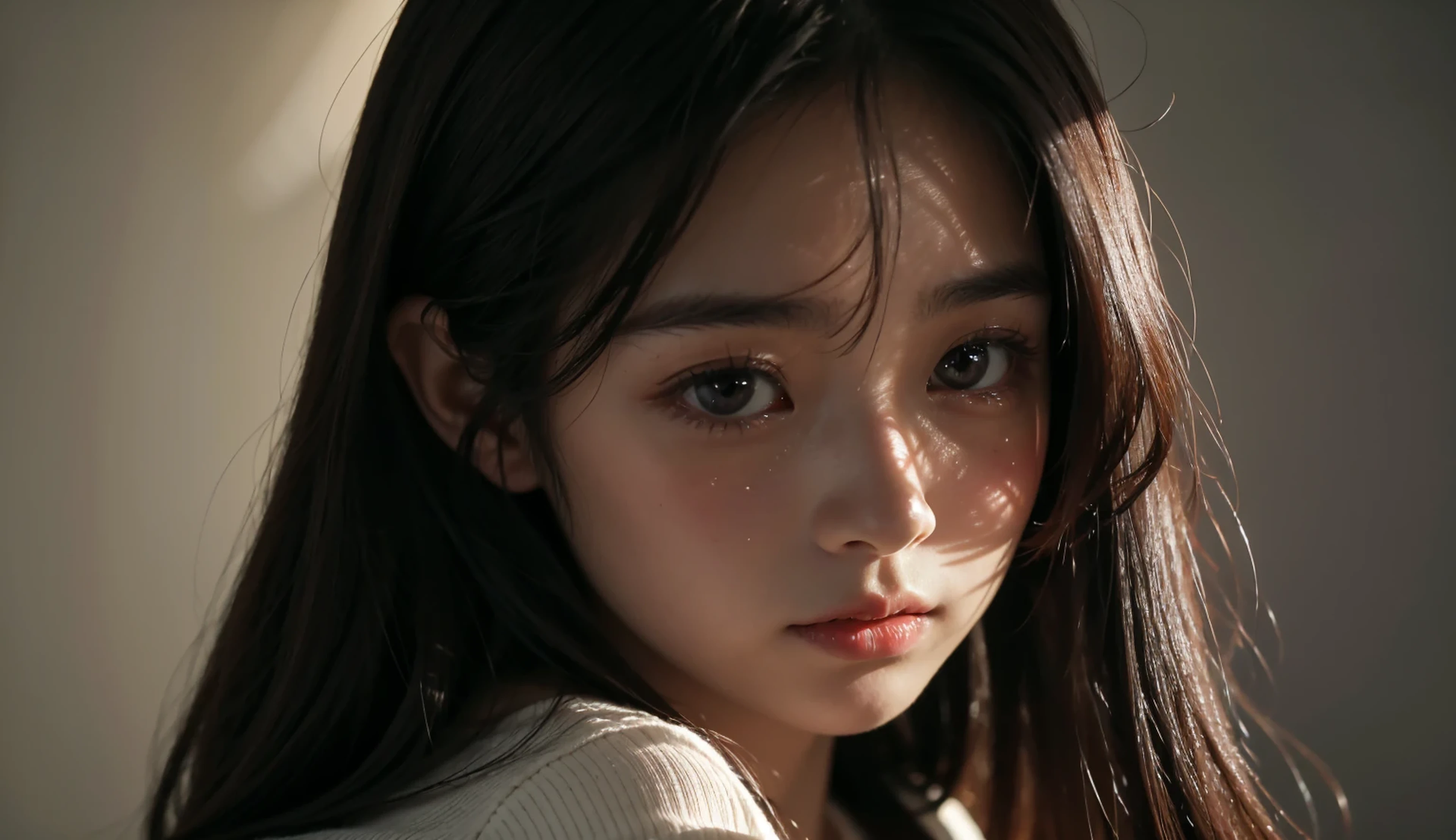 One-shot (e.g. camera shot), Close-up, Young Japanese woman, Dark hair, Long wavy hair, Thin face, Big eyes, Crying. Well-lit room,