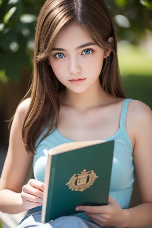 masterpiece,  top quality ,  ultra detail),  Portrait of an 18-year-old woman with light brown hair, Green round eyes,  blue shorts ( Technical Background )  and reading a brown book - Auto Ultra Realistic -  