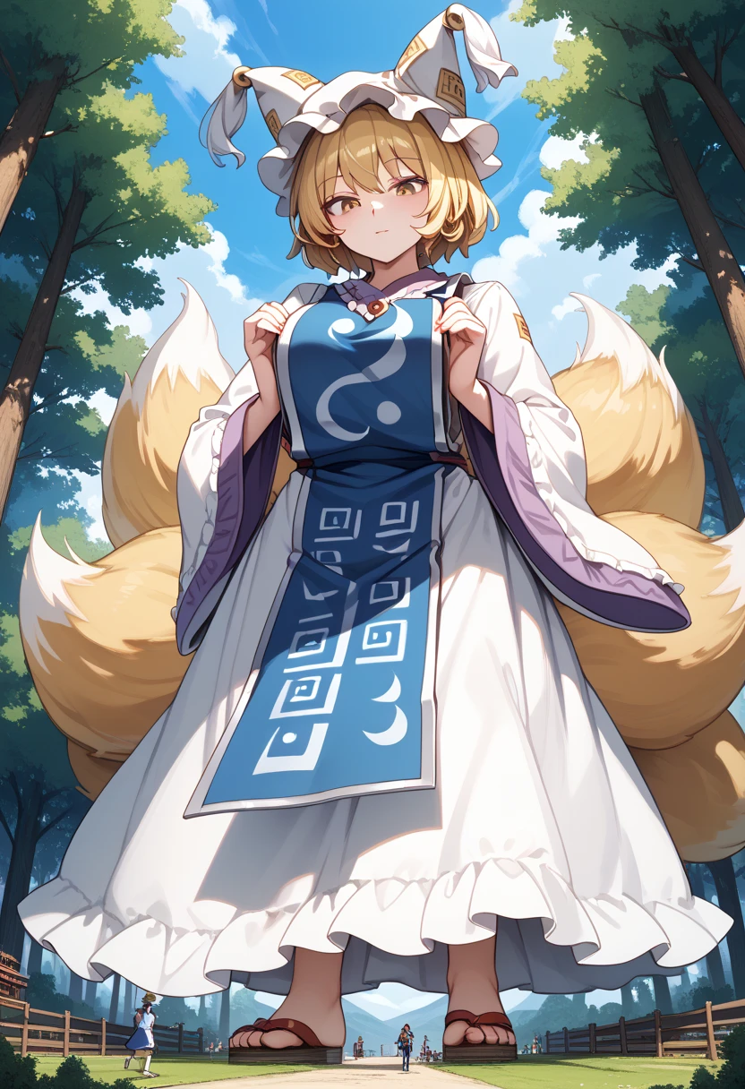 1girl, solo, Yakumo Ran, Touhou Project, giantess, amazon, mini-giantess, tall girl, towering, blonde hair, short hair, fox ears, fox tail, yellow eyes, large boobs, curvy figure, low POV, light blush, fair-skinned, hat, wide sleeves, long sleeves, white dress, tabbard, looking down at viewer, standing, outdoors, forest