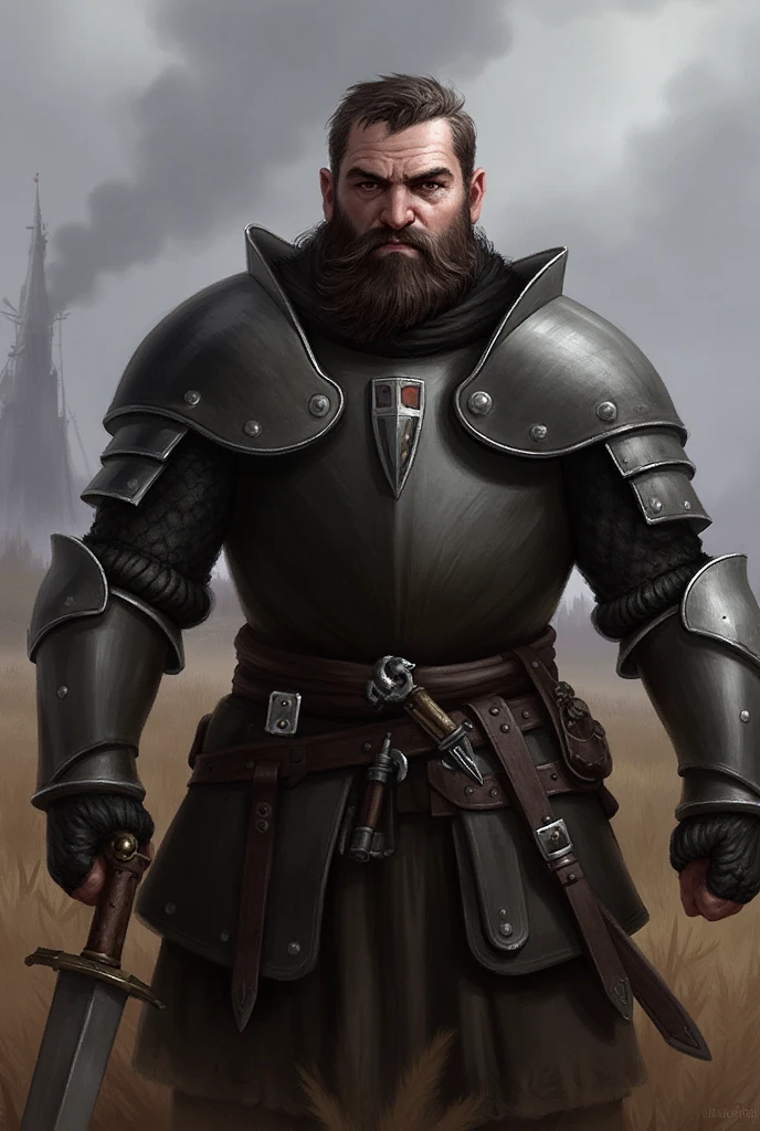  Young man ,  Eyes looking at the camera ,  perfect male body , Epic character, (Rough, tall and loud, muscular, cabello negro,  black eyes,  frown ,  armor  media, Being on a Battlefield),dramatic shadow,  medieval,  armor , three-day beard , Longsword full body image.