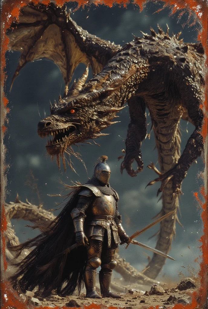 a medieval knight in armor in fighting stance with sword looking towards attacking dragon, dark blue background, dominates lithographic cinematic painting, mixed media print showcasing advanced organic technology, clear engraved outlines on subtle bokeh background, warm morning rays with subtle shadows, subtle textured background . In the style of Frank Frazetta. 3D stone finishing, exquisite long strokes, volumetric, dramatic lighting intertwined with sandstone texture, print transfer technique, resin gloss texture, oil, resin, grainy textures enhancing tactile aesthetics, aerial perspective breaking through the darkness, mystical elements with spotlights on a rusty background. Textures highlighting details, bright colors enhance the mood of the work of art. In the style of Frank Frazetta.