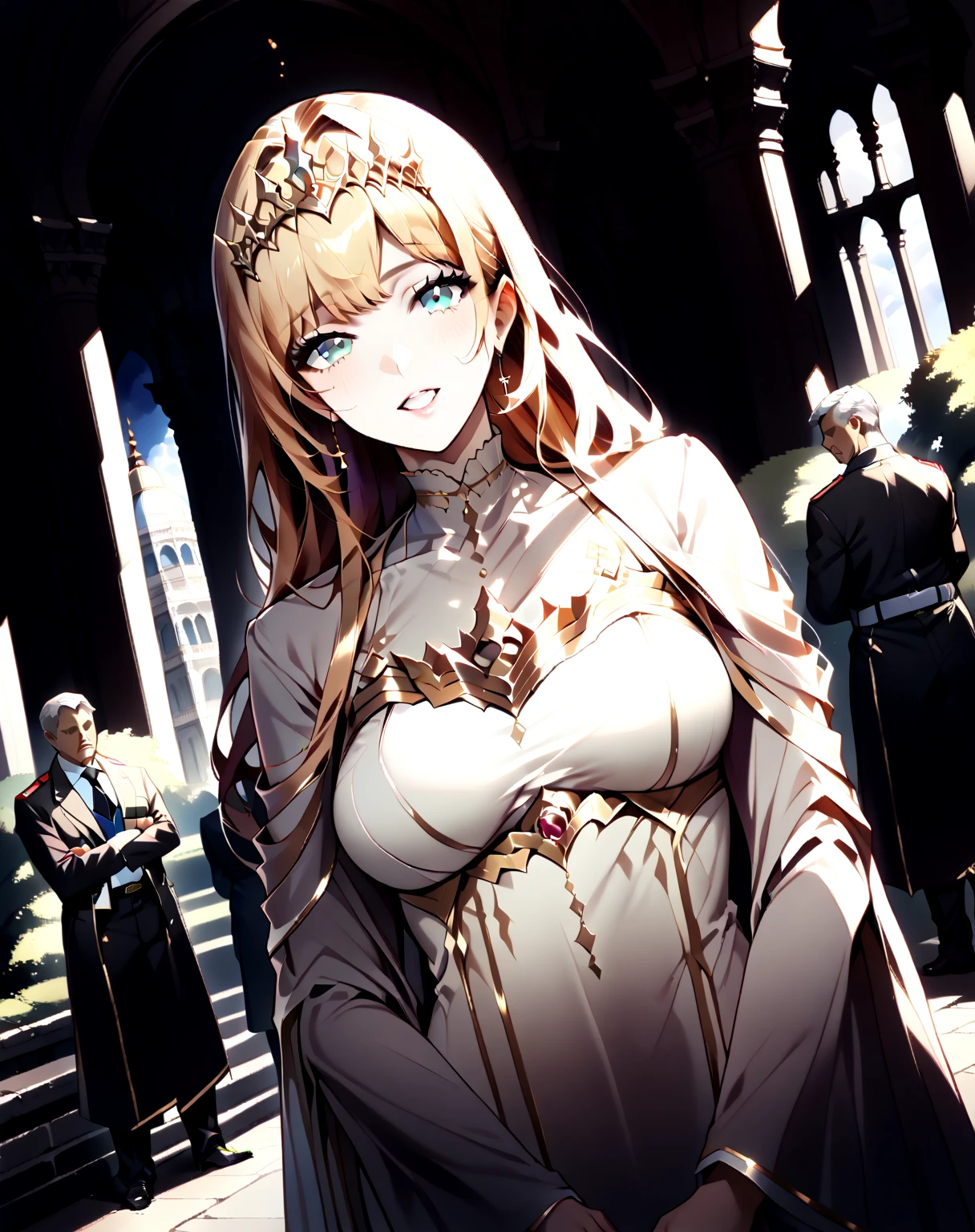 {{ upper body,  Dutch angle }} {{ Artist : moisture_(Chichi)}} 1 female,  there are 2 security guards on each side holding her, 2 men in armor ,  mature woman,  elegant ,  princess,  medium breasts,  straight hair , Blonde,  long hair, hime cut,  green eyes, white dress,  gold trim ,  tiara ,  watching viewers,  grin ,  detained by 2 men ,  Faceless Man , Outdoor, garden, palace, cloudy, moonlight,  window.