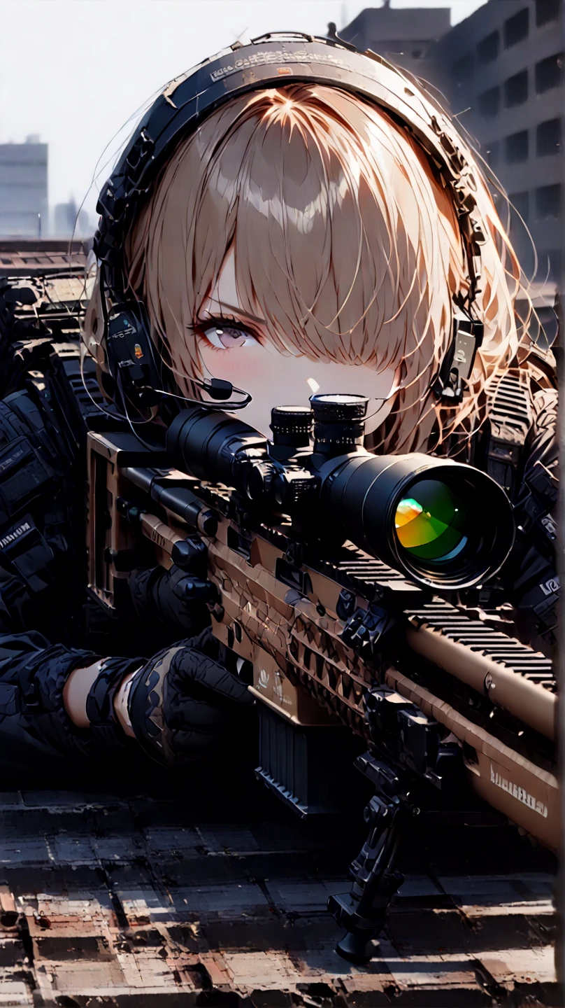 (masterpiece),(Highest quality),(High resolution),(Very detailed),8k,wallpaper,(One Woman:1.6),Brunette,Short Bob,(Beautiful Face,Beautiful Eyes,Beautiful Hair,Beautiful Skin),(Serious),BREAK(((aim at something with a sniper rifle:1.5))),((Look through the scope and take aim:1.6)),(Prone)((Close one eye:1.4)),(((Sniper Rifle))),((SWAT Uniforms,Bulletproof vest, Combat Boots,Tactical Headset,Tactical Helmet)),(The background is the rooftop of an abandoned building:1.6),(((Background Blur))),(Detailed drawing of a sniper rifle:1.3)