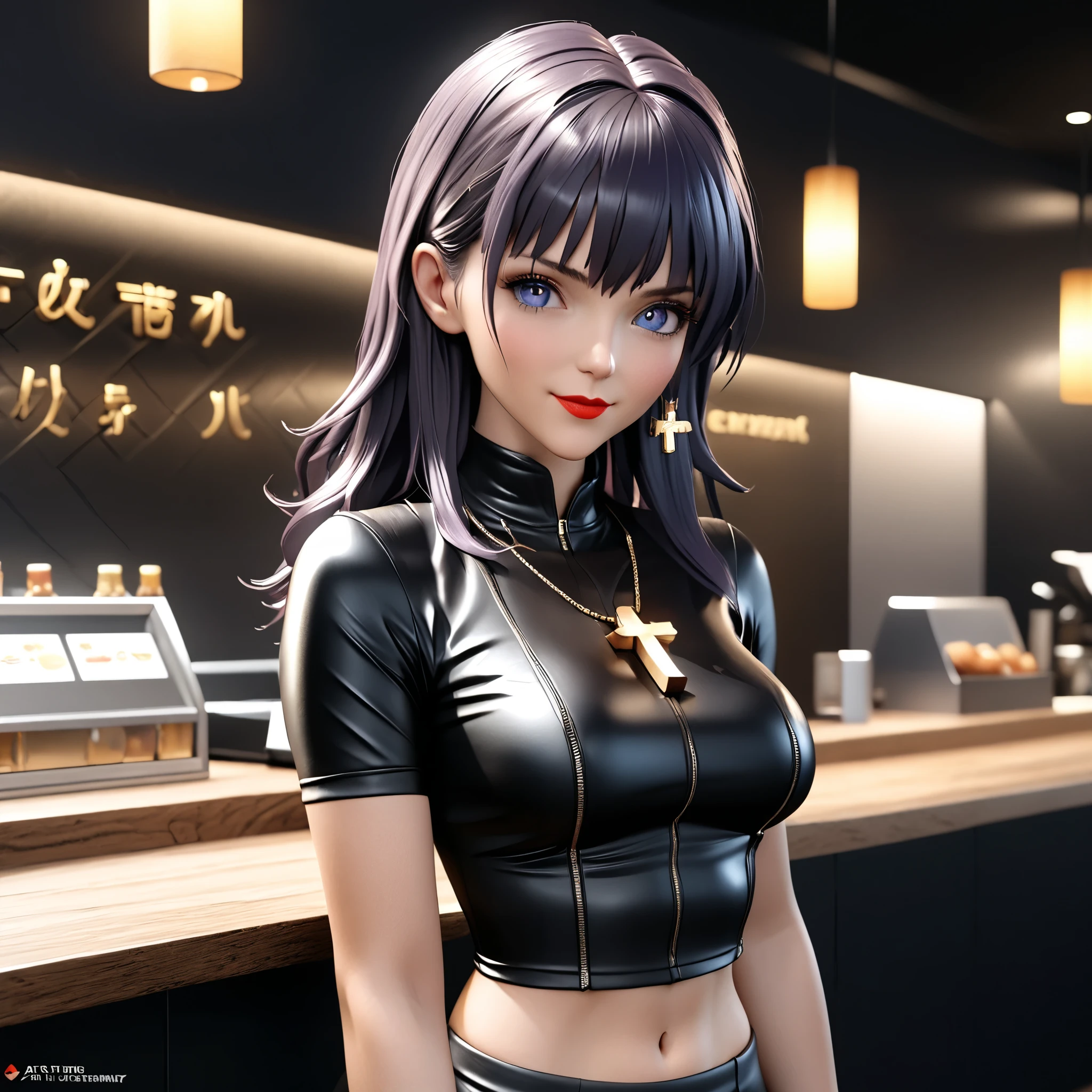 8k,masterpiece, CGSTATION, hyper CGI style, arte extremadamente detallado de artgerm, photorealistic chica anime render, A 4k anime drawing style, 8k, masterpiece, best quality, 3D rendering, INTRICATE, 8k, 3D TOON, hyper detailed, blue eyes, dark purple hair, hair long, MISATO KATSURAGI, medium bust, shiny skin, 27 years old, a woman, navel, sensual smile, red lips, super detailed skin, super beautiful eyes, cross necklace, the setting is super detailed in CGI quality, Her clothes are tight, short skirt, blouse tight. eyes closed, standing next to a restaurant counter,
