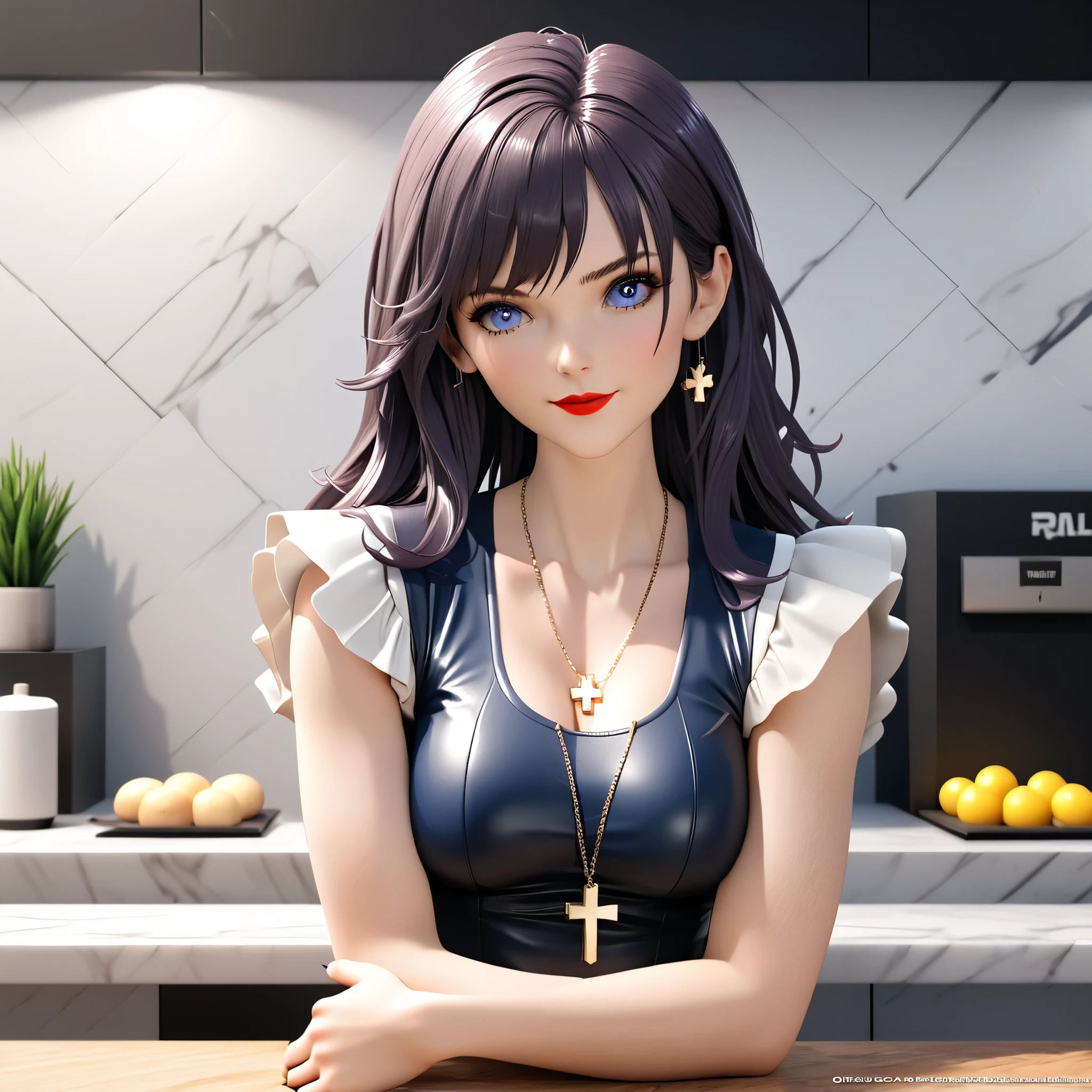 8k,masterpiece, CGSTATION, hyper CGI style, arte extremadamente detallado de artgerm, photorealistic chica anime render, A 4k anime drawing style, 8k, masterpiece, best quality, 3D rendering, INTRICATE, 8k, 3D TOON, hyper detailed, blue eyes, dark purple hair, hair long, MISATO KATSURAGI, medium bust, shiny skin, 27 years old, a woman, navel, sensual smile, red lips, super detailed skin, super beautiful eyes, cross necklace, the setting is super detailed in CGI quality, Her clothes are tight, short skirt, blouse tight. eyes closed, standing next to a restaurant counter, 