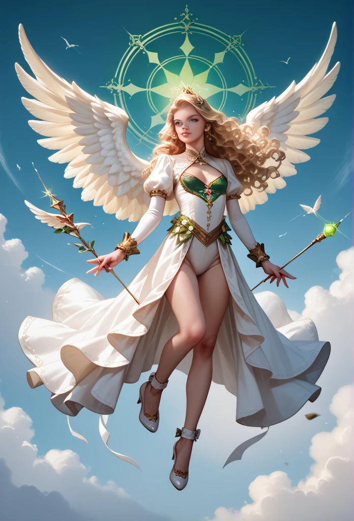 score_9, score_8, score_7, , green glowing eyes, blonde curly long hair, small breasts, cleavage,angelic renaissance outfit, smooth light pink lips stick, clothing cutout, highleg, cleavage cutout, 6 white wings, all white outfit, heaven background, floating, little, short, High Resolution, Detail, High Details, HD,Textured Skin, The scene is highly detailed and realistic, rendered in ultra-high quality (8k, RAW photo realism). The focus should be on her angelic innocence and the divine setting, capturing a sense of purity, elegance, and wonder. The composition is a full-body image, showing her floating gracefully in the heavenly scene. Emphasize elaborate detailing, vivid colors