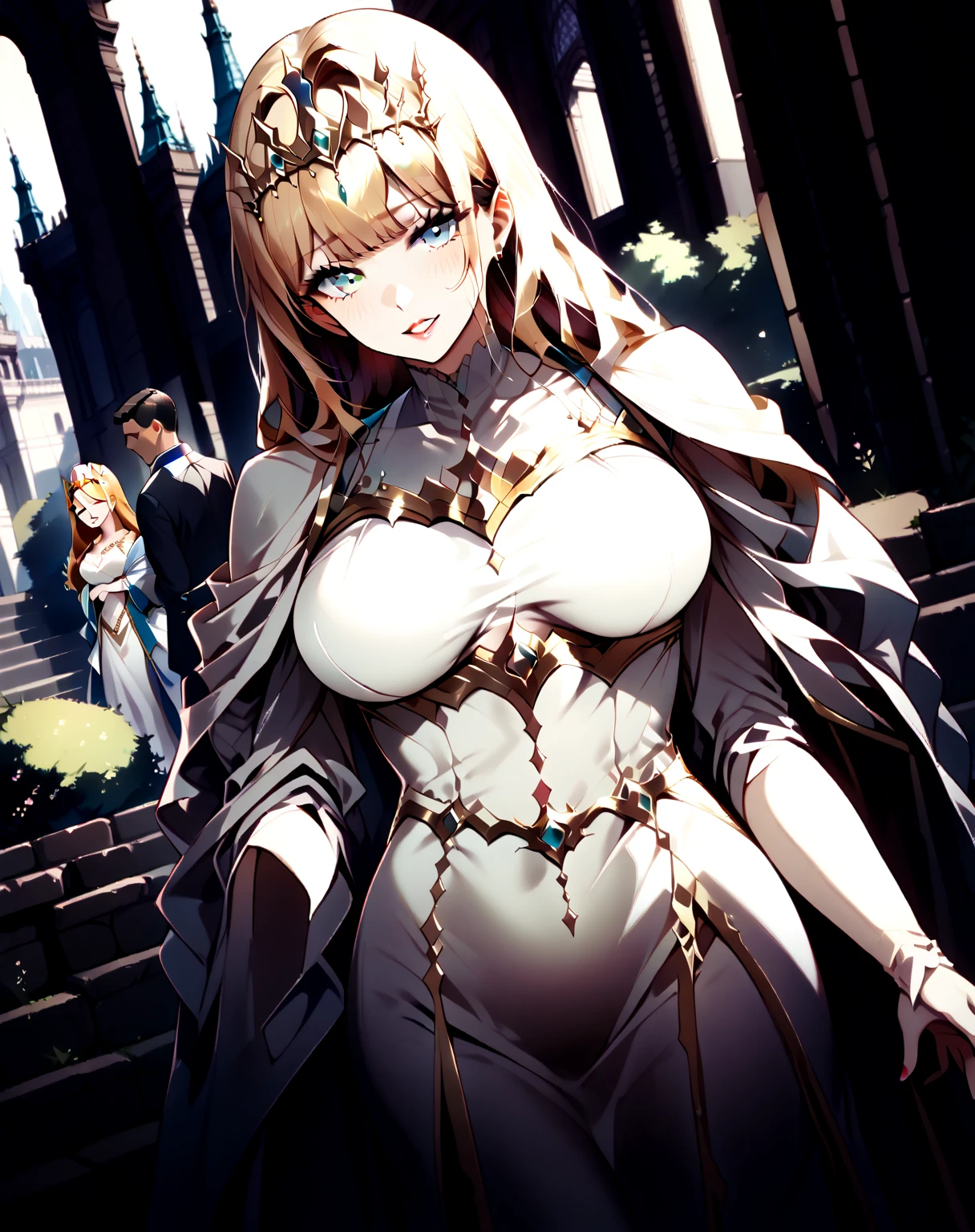 {{ upper body,  Dutch angle }} {{ Artist : moisture_(Chichi)}} 1 female,  there are 2 security guards on each side holding her, 2 men in armor ,  mature woman,  elegant ,  princess,  medium breasts,  straight hair , Blonde,  long hair, hime cut,  green eyes, white dress,  gold trim ,  tiara ,  watching viewers,  grin ,  detained by 2 men ,  Faceless Man , Outdoor, garden, palace, 