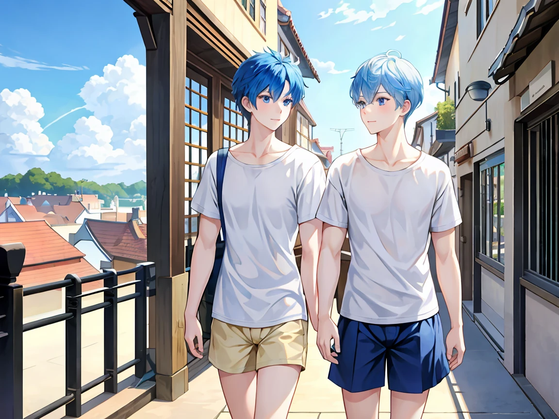 Japanese cartoon style, the best quality, Perfect composition, front, light and shadow, An eighteen - year - old boy, short black hair, blue eyes, wearing a white shirt, Walking in the street