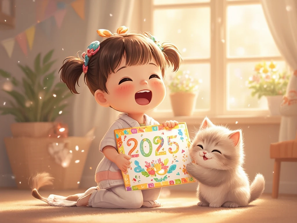 a girl, a very cute , holds a decorated poster, on the poster it says "FELIZ 2025 ", a fat and furry kitten holds the other side of the poster