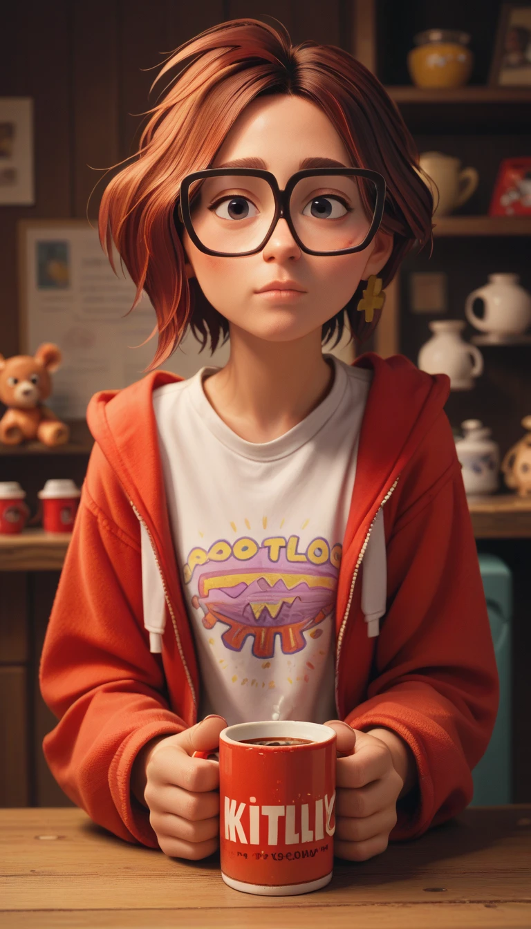 2D, Katie Mitchell,  glasses with black frame, jewelry, 1 , Alone, Alone focus, cups,   red hair,  brown hair,  short hair, toys,  looking at the viewer, throw,