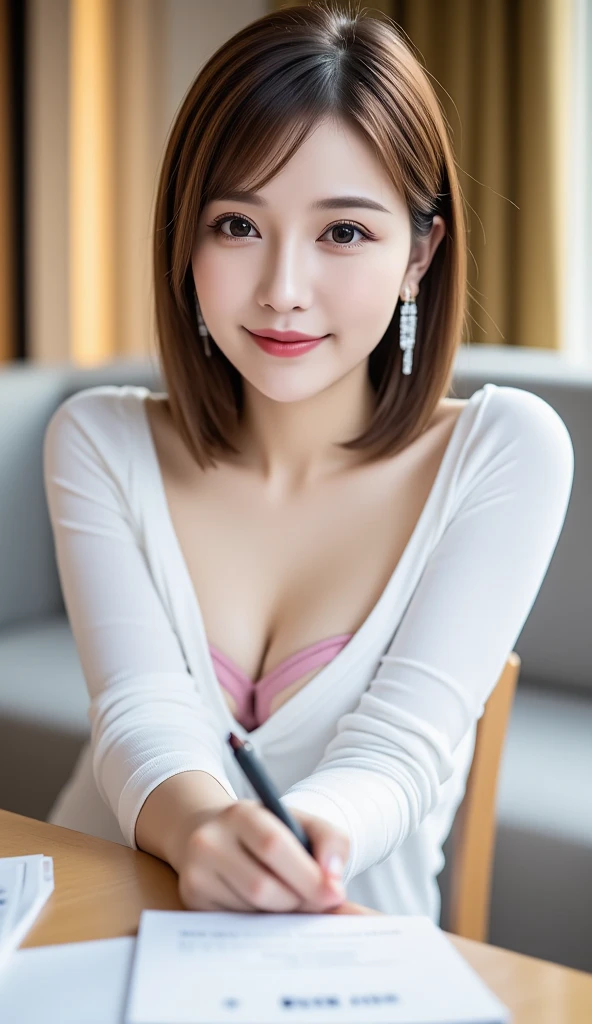 Loose chest、 lean forward slightly 、 The pink bra is slightly visible on her chest:1.2、 writing documents on the table 、(( taken from an oblique top of the model :2.0))、((Picture looking down at the model :2.0))、 wearing a white shirt 、12Ｋ、ＨＤＲ、 bits deep 10 bits 、( realistic) , (photo  realistic :1.4), masterpiece,  is very delicate and beautiful ,  very detailed,(  light brown hair )、A woman who exudes adult appeal  、 clear white skin  、 earrings for women with first name、Hair tied up、Downward facing face、The model is looking at the documents :1.0、 have a pen 、Chest up photo :1.2、