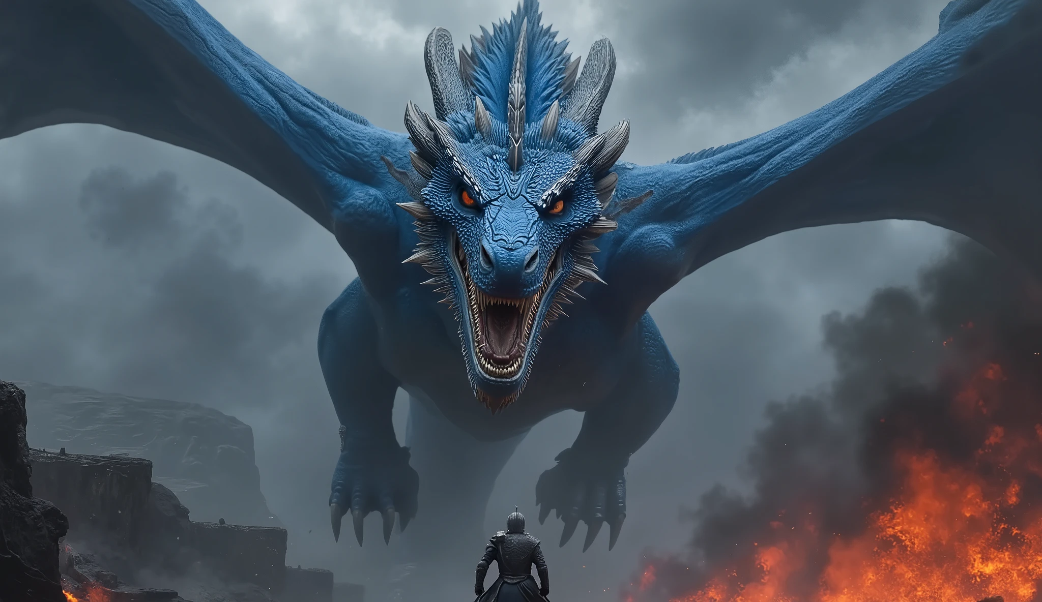 (best quality,4k,8k,highres,masterpiece:1.2),ultra-detailed,(realistic,photorealistic,photo-realistic:1.37),fantasy,dragon,knight,flying,open mouth,perkysDr4g0n,blue dragon, (volcanic background:1.8), intricate details,dramatic lighting,epic scale,cinematic composition,grandiose,powerful,awe-inspiring