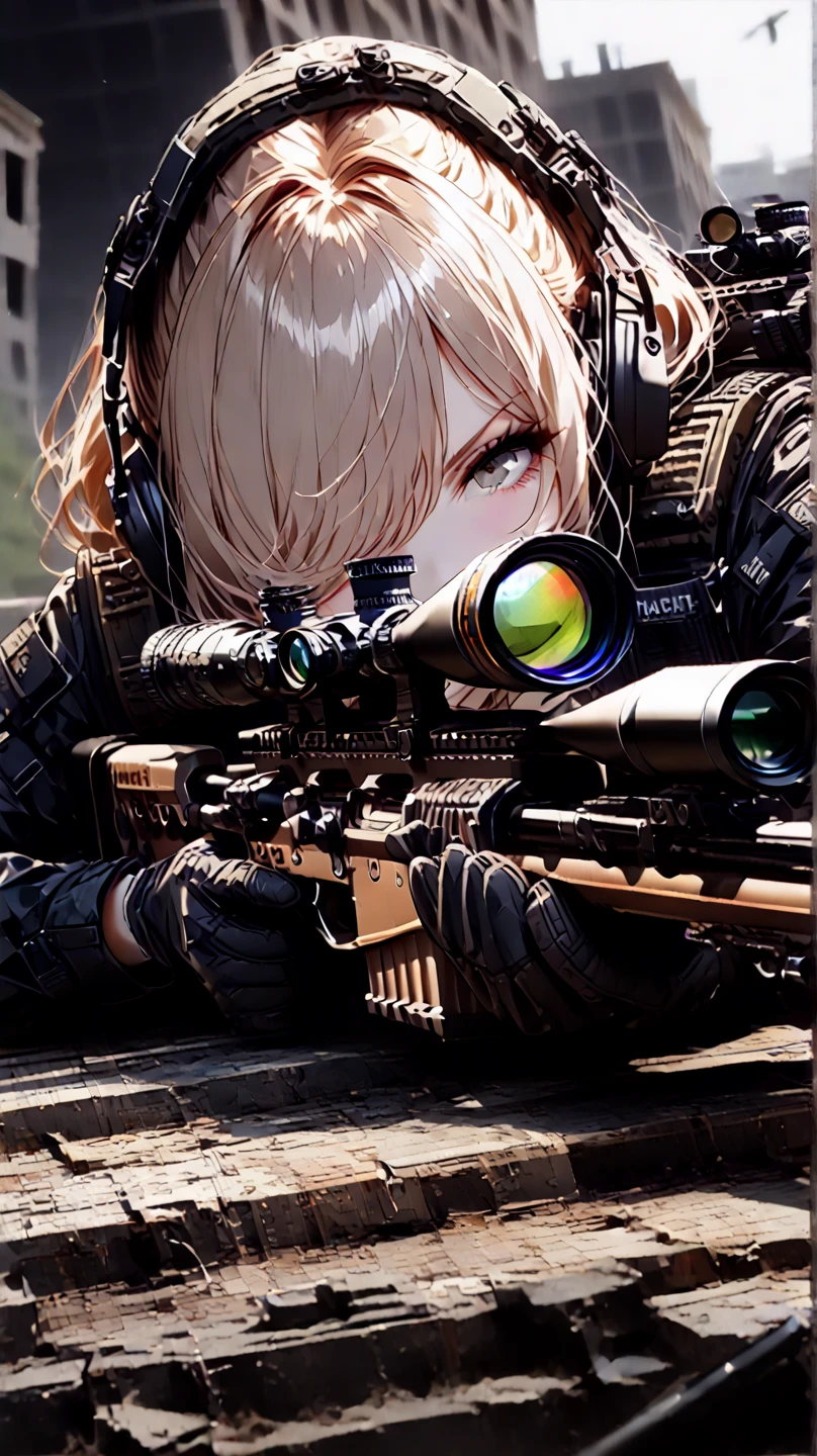 (masterpiece), (Highest quality), (High resolution), (Very detailed), 8k,wallpaper, (One Woman:1.6), Brunette, Short Bob, (Beautiful Face, Beautiful Eyes, Beautiful Hair, Beautiful Skin), (Serious), BREAK(((aim at something with a sniper rifle:1.5))), ((Look through the scope and take aim:1.6)), (Prone) ((Close one eye:1.4)),(((Sniper Rifle))), ((SWAT
Uniforms, Bulletproof vest, Combat Boots, Tactical Headset, Tactical Helmet)), (The background is the rooftop of an abandoned building:1.6), (((Background Blur))), (Detailed drawing of a sniper rifle:1.3)