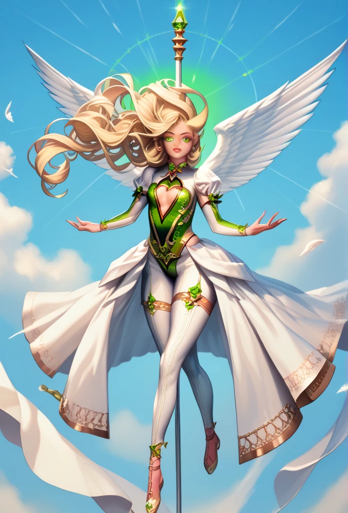 score_9, score_8, score_7, Small Girl, green glowing eyes, blonde curly long hair, small breasts, cleavage,angelic renaissance outfit, smooth light pink lips stick, clothing cutout, highleg, cleavage cutout, 6 white wings, all white outfit, heaven background, floating, little, short, High Resolution, Detail, High Details, HD,Textured Skin, The scene is highly detailed and realistic, rendered in ultra-high quality (8k, RAW photo realism). The focus should be on her angelic innocence and the divine setting, capturing a sense of purity, elegance, and wonder. The composition is a full-body image, showing her floating gracefully in the heavenly scene. Emphasize elaborate detailing, vivid colors