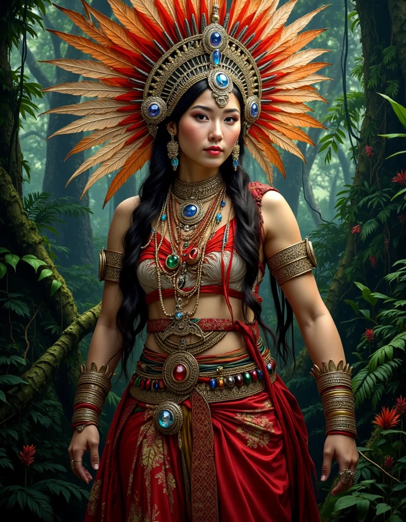 An ancient South East Asian Hunter warrior, donning an exotic ancient warrior costume, ornated with animal fans and bones also enigmatic precious vibrant gemstones, at the deep tropical rain forest, hyper realistic, masterpiece professional oil on canvas painting, Ultra high definition