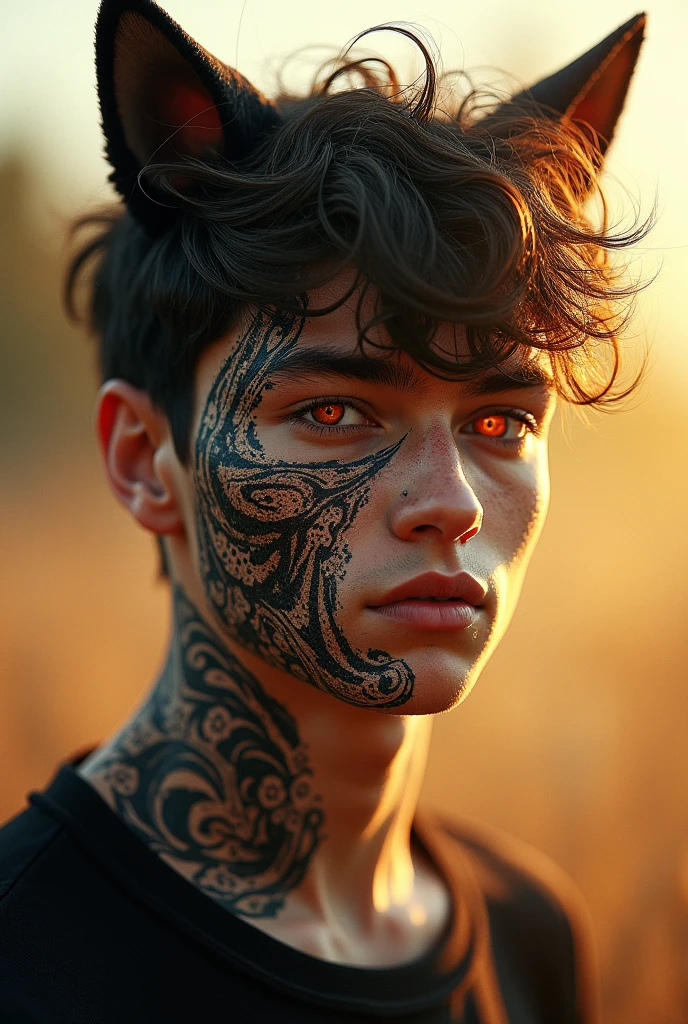 Create a handsome guy with green eyes and black hair with light brown skin, that he is not black or dark toned, that he has fair skin. With a dragon tattoo that runs down his entire right arm and the dragon's face reaches his neck, The dragon must be black with red eyes and its mouth open as it reaches the neck part as if it were devouring it., that the dragon is only on the right arm and when the dragon's face reaches the neck it has its mouth open as if it were going to devour the handsome boy