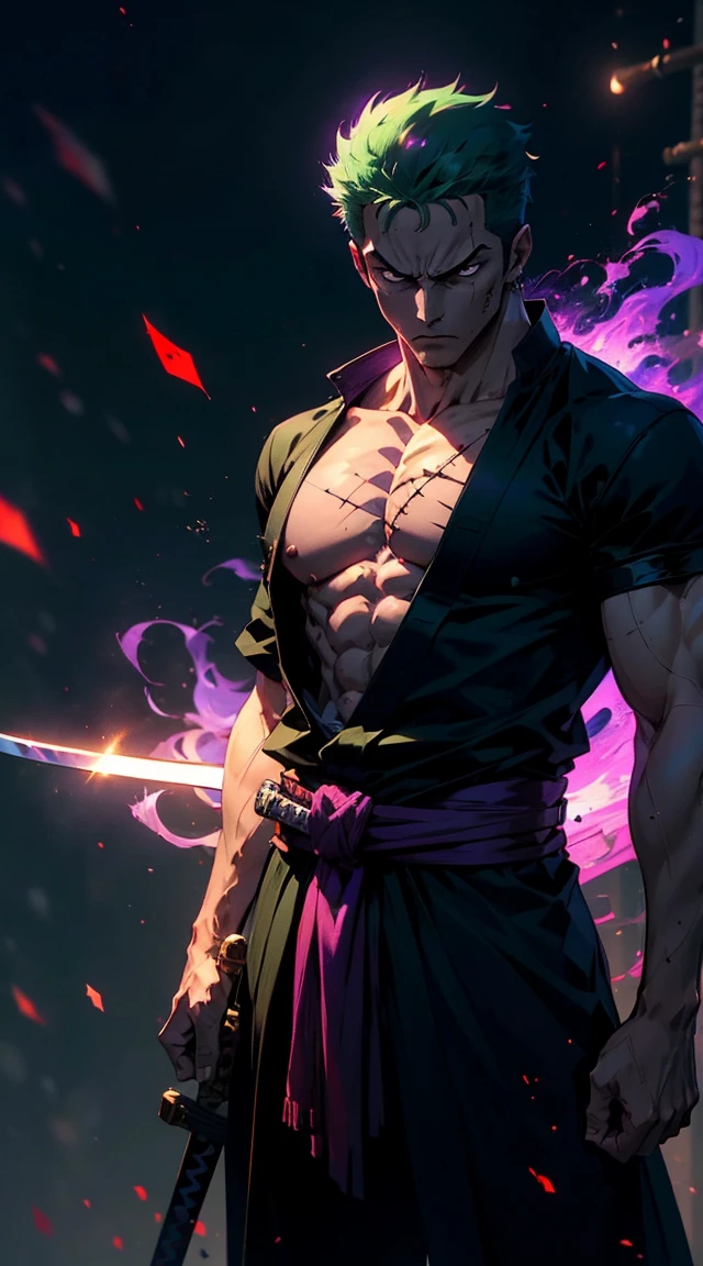 (best quality, highres:1.2, ultra-detailed, realistic:1.37), anime-style portrait of Roronoa Zoro from One Piece, standing with intense focus as **purple flame Haki-energy radiates from his katana. Zoro’s expression is fierce, with a detailed scar over his left eye, wild green hair, and a muscular build emphasized by dynamic lighting. He bites a katana hilt angled right, while two swords rest sheathed at his waist. Vivid purple Haki flames swirl energetically around the blade, creating a dynamic, cinematic effect. A serene Japanese landscape contrasts with the power of his Haki aura. Rendered in the style of Wit Studio